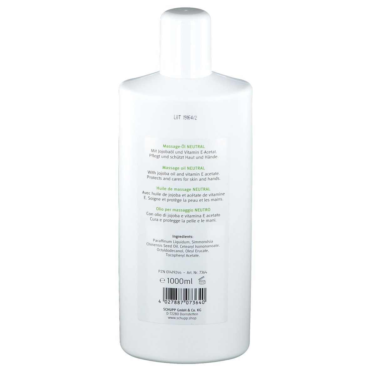 Flacon blanc, dos. Texte sur l'étiquette : Massage-Öl Neutral, ingrédients, 1000ml.
