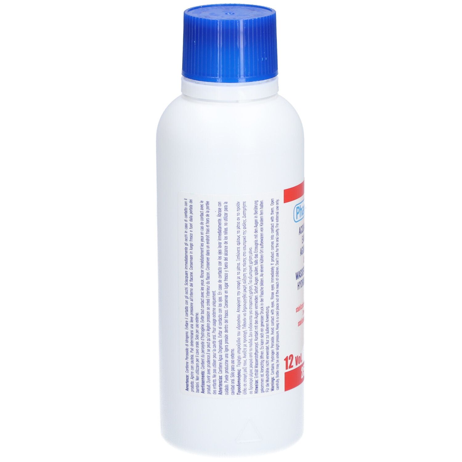 Flacon blanc à bouchon bleu. Dos avec texte en plusieurs langues. Étiquette rouge avec informations sur le produit.