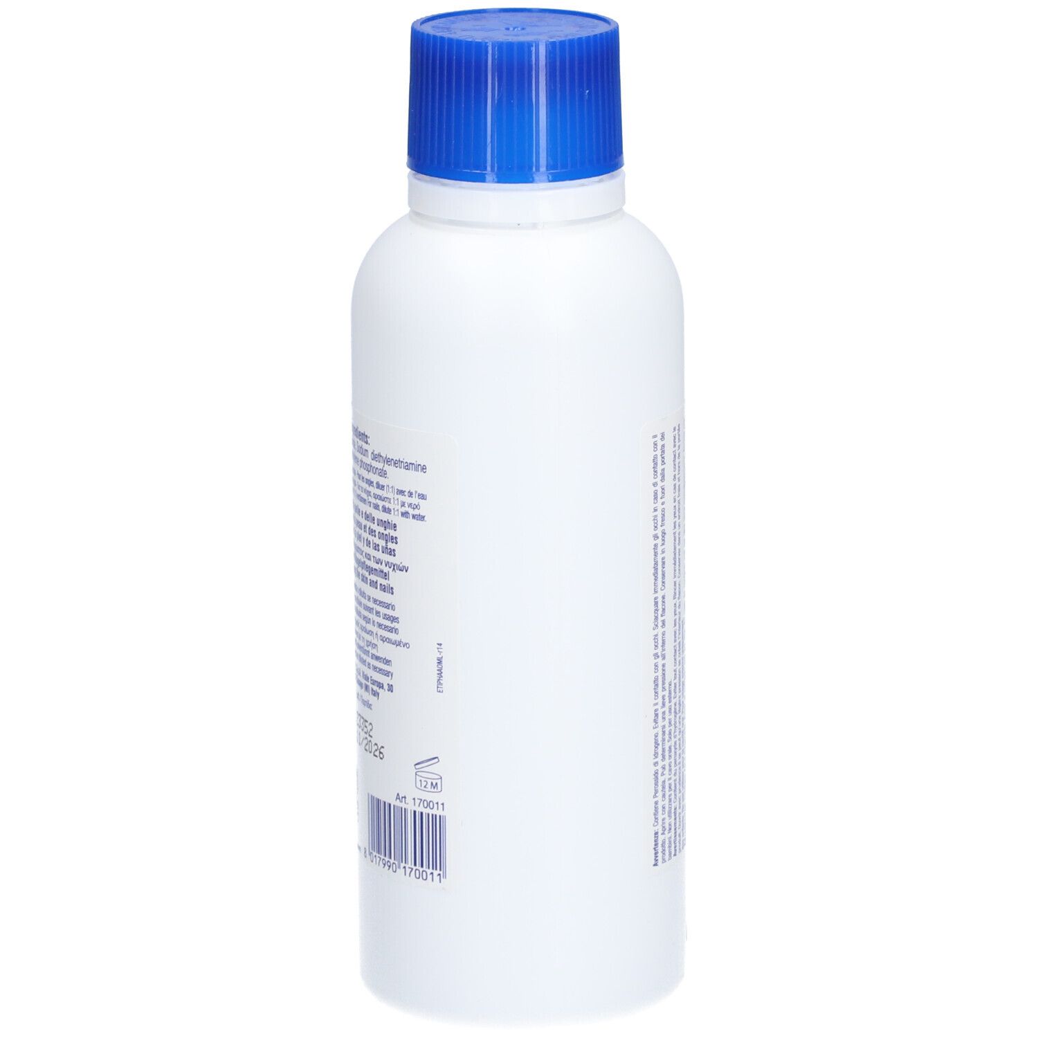 Flacon blanc à bouchon bleu. Dos avec texte en plusieurs langues. Code-barres et numéro de lot.