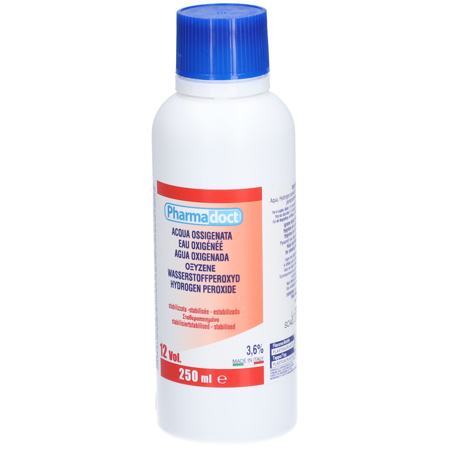Flacon blanc à bouchon bleu. Étiquette rouge avec nom du produit et désignations multilingues. 250 ml.