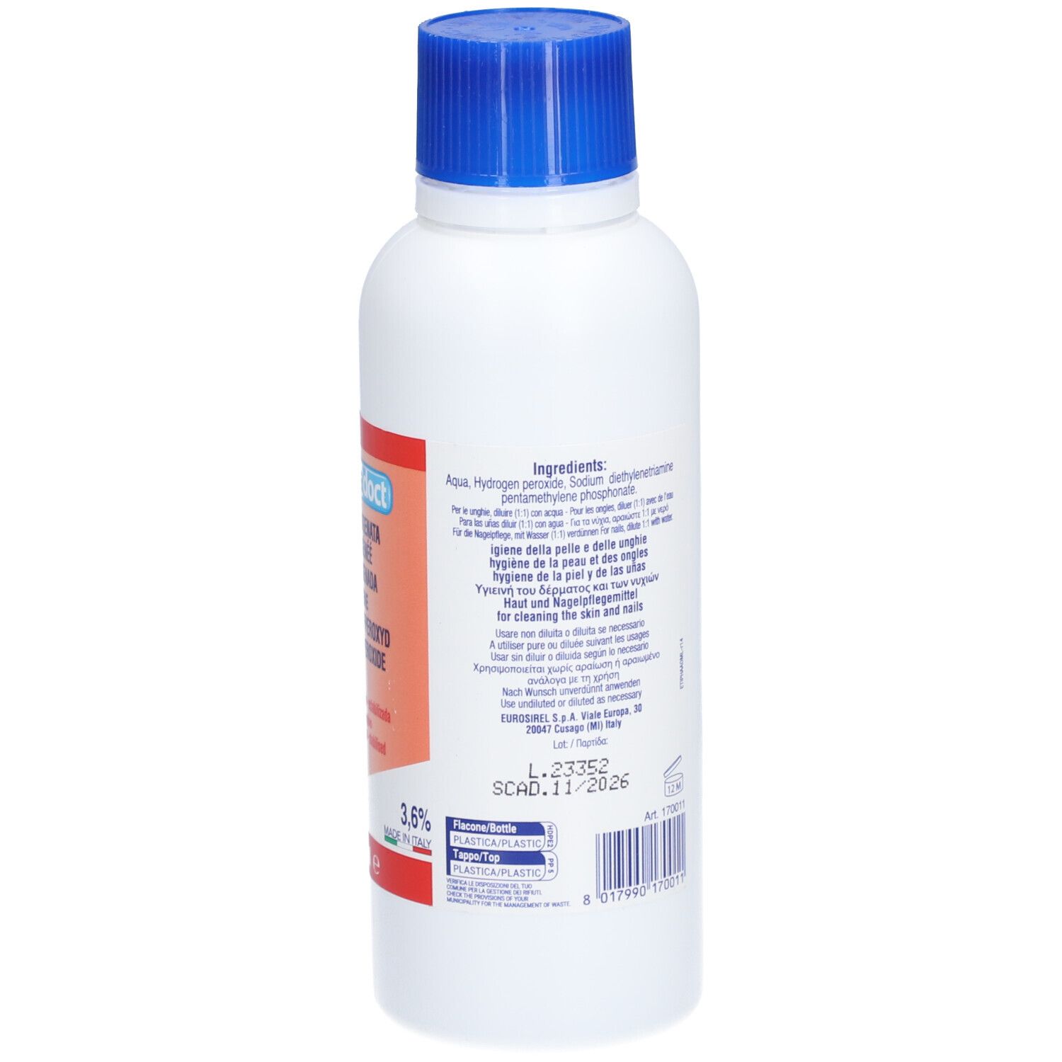 Flacon blanc à bouchon bleu. Étiquette rouge avec nom du produit et ingrédients. Date de péremption.