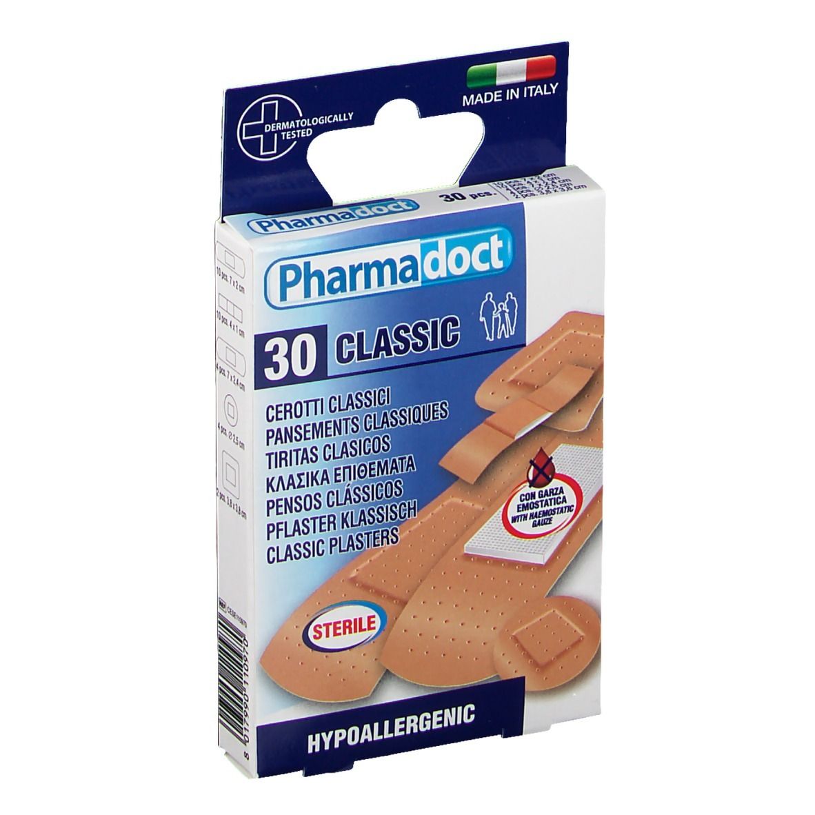 Boîte de pansements PharmaDoct Classic, 30 pièces. Testé dermatologiquement, stérile, hypoallergénique. Fabriqué en Italie.