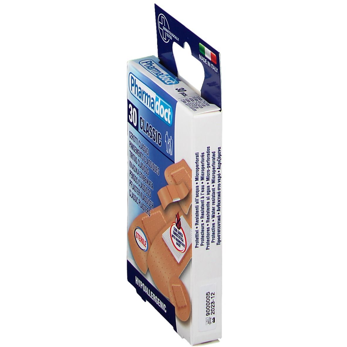 Vue latérale de la boîte de pansements PharmaDoct Classic. 30 pièces. Avec illustration du produit. Stérile, hypoallergénique. Fabriqué en Italie.