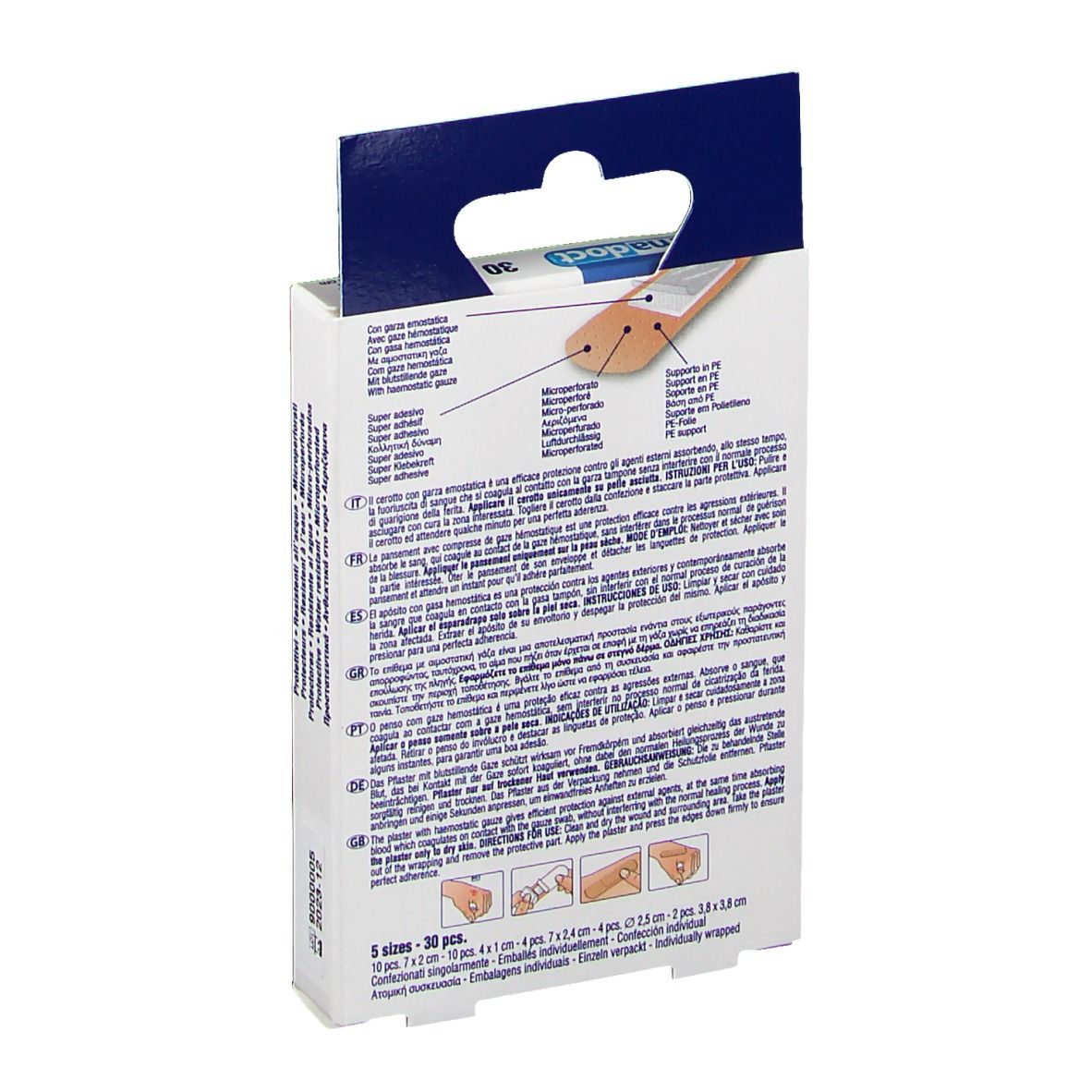 Dos de la boîte de pansements PharmaDoct Classic. Informations produit multilingues. Indications de tailles. Fabriqué en Italie.