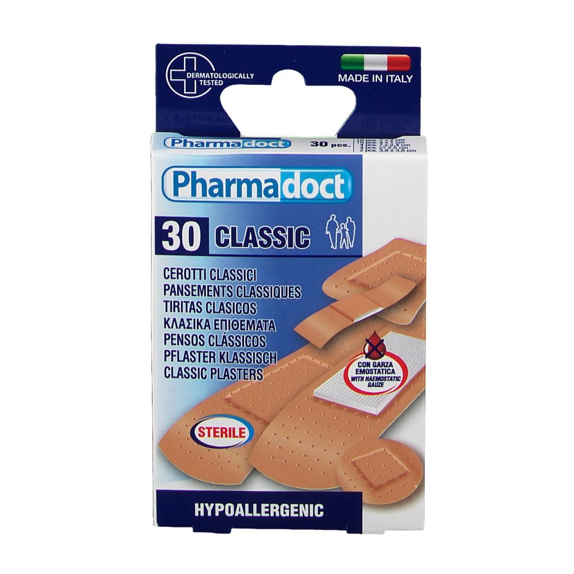Vue de face de la boîte de pansements PharmaDoct Classic. 30 pièces. Marque, nom du produit et caractéristiques. Fabriqué en Italie.