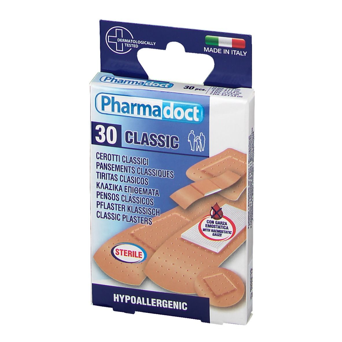Vue de face de la boîte de pansements PharmaDoct Classic. 30 pièces. Marque, nom du produit et caractéristiques. Fabriqué en Italie.