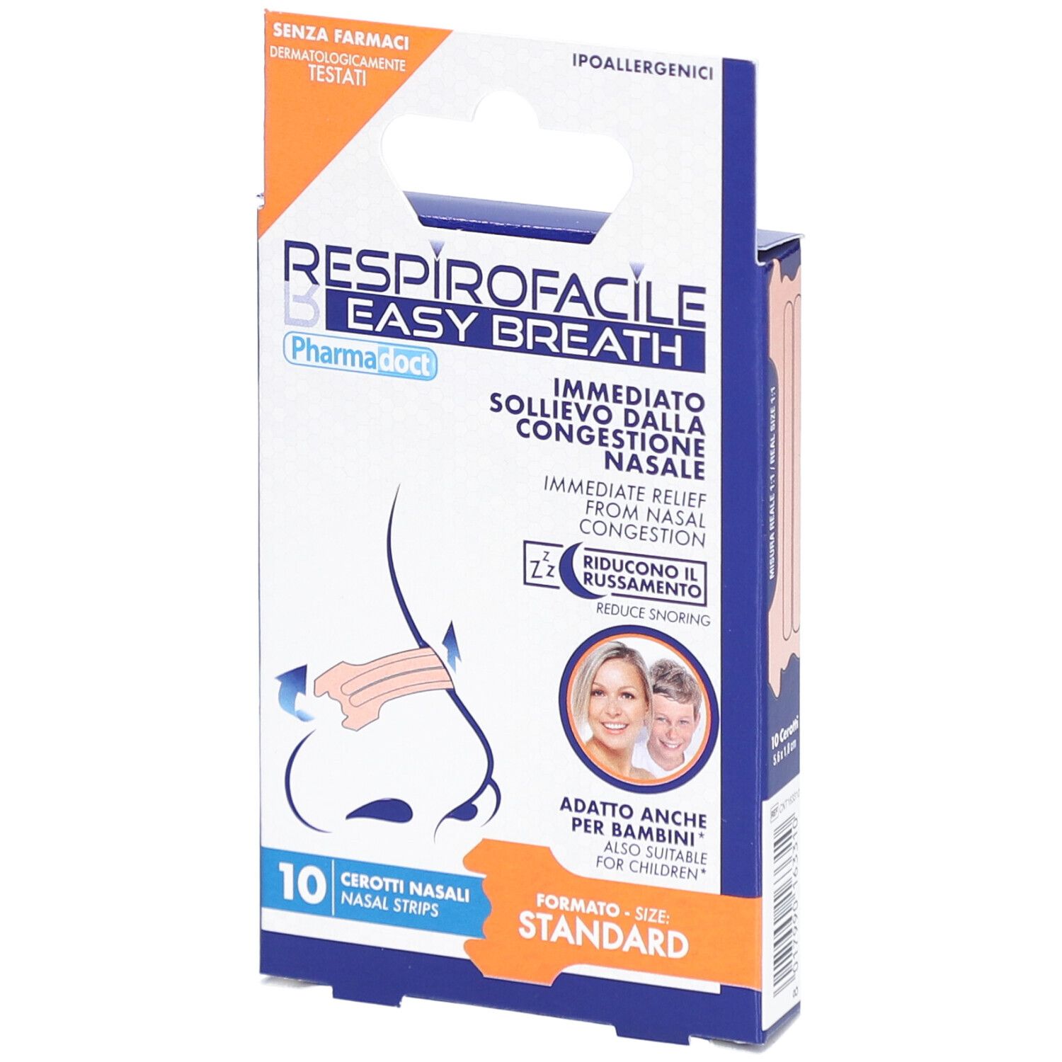 Boîte de patchs nasaux. Inscription : Respirofacile Easy Breath, 10 pièces, hypoallergénique, testé dermatologiquement.