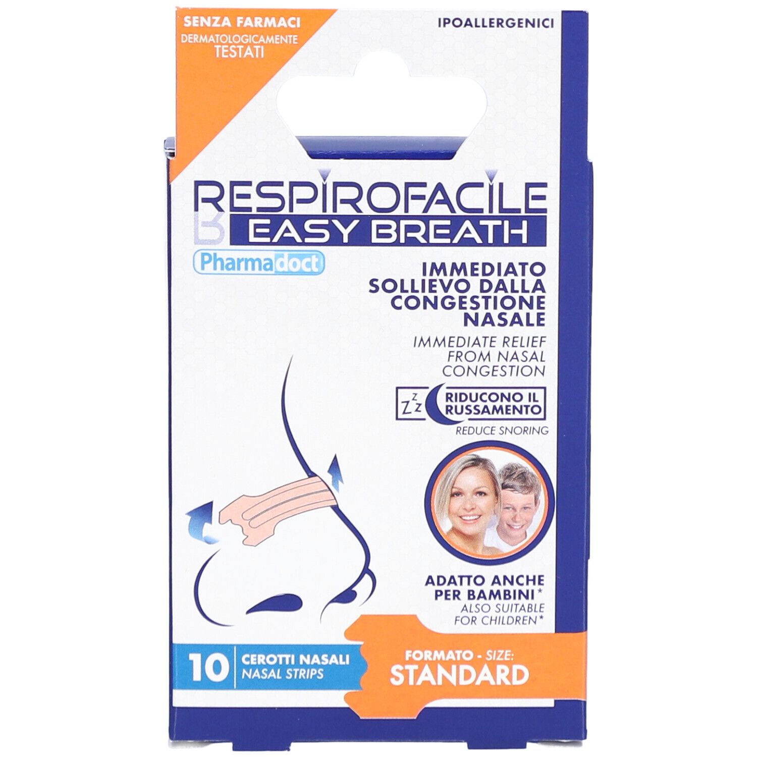 Boîte de patchs nasaux. Inscription : Respirofacile Easy Breath, 10 pièces, hypoallergénique, testé dermatologiquement.
