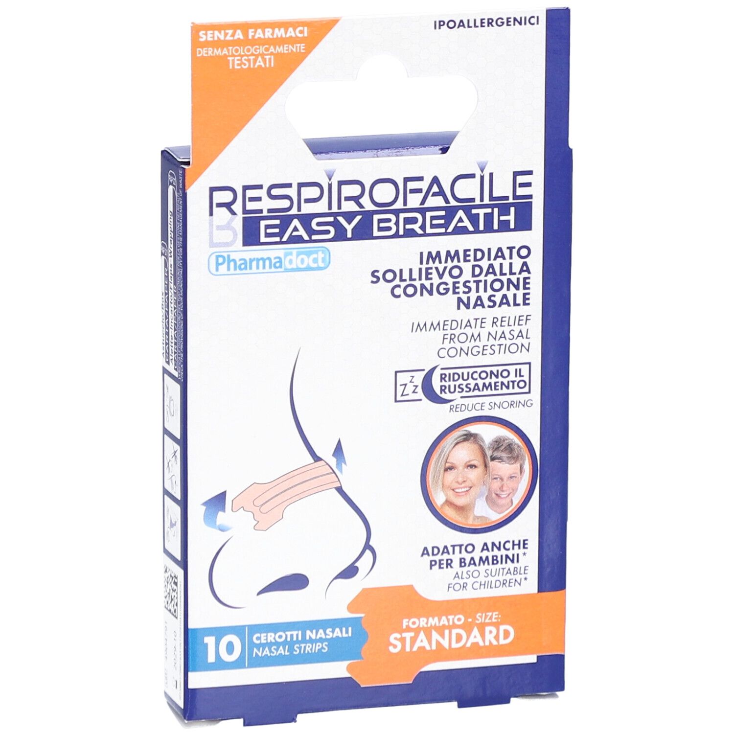 Boîte de patchs nasaux. Inscription : Respirofacile Easy Breath, 10 pièces, hypoallergénique, testé dermatologiquement.
