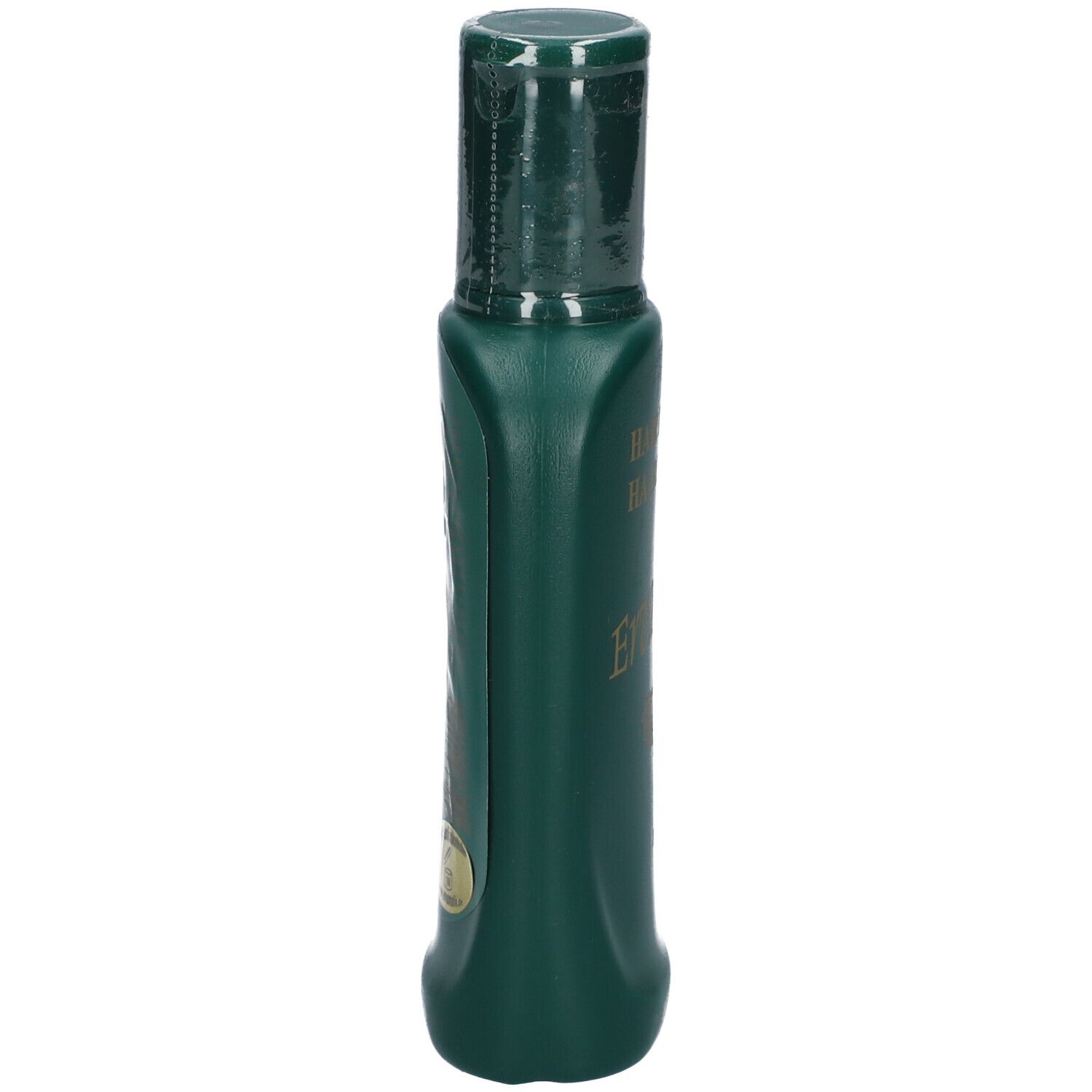 Flacon vert, vue latérale. Impression : Hair Lotion, Ervamatin.