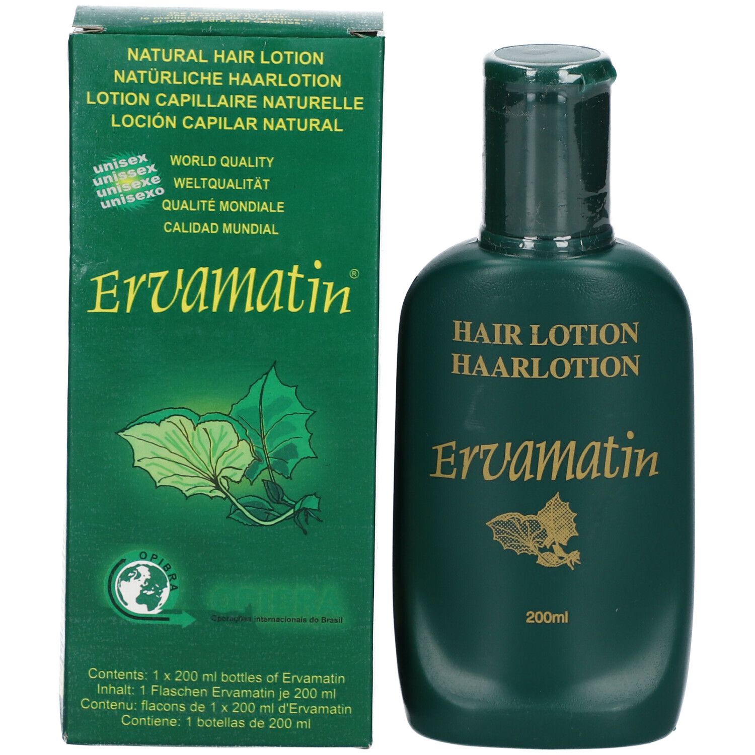 Flacon vert et boîte. Impression : Hair Lotion, Ervamatin, 200ml. Boîte avec texte.