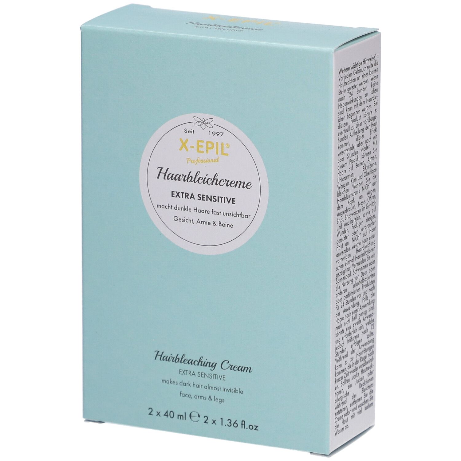 Boîte turquoise X-Epil Haarbleichcreme. Contient une illustration d'une femme. Texte : Extra Sensitive. Pour peaux sensibles.