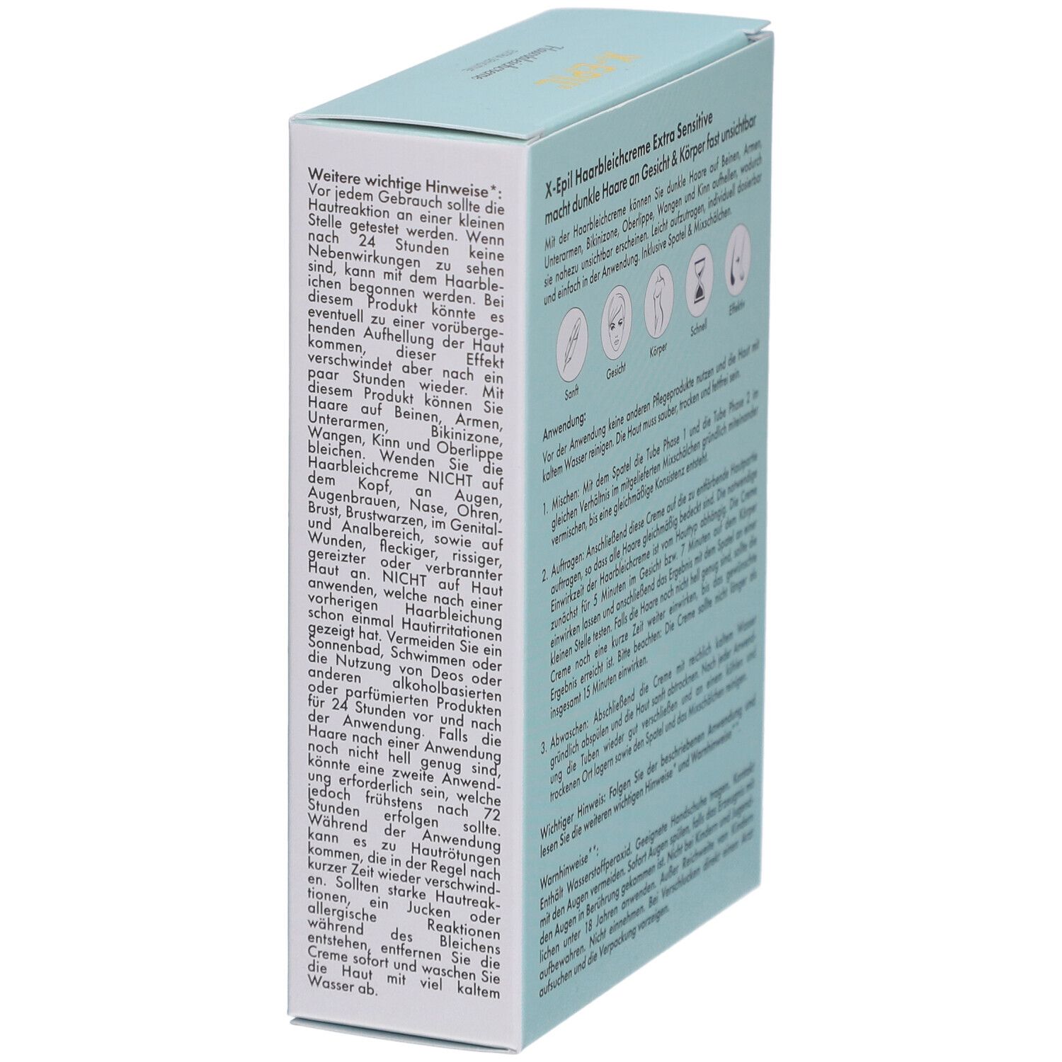 Boîte turquoise avec texte et code-barres. Nom du produit : X-Epil Haarbleichcreme Extra Sensitive. Informations fabricant.