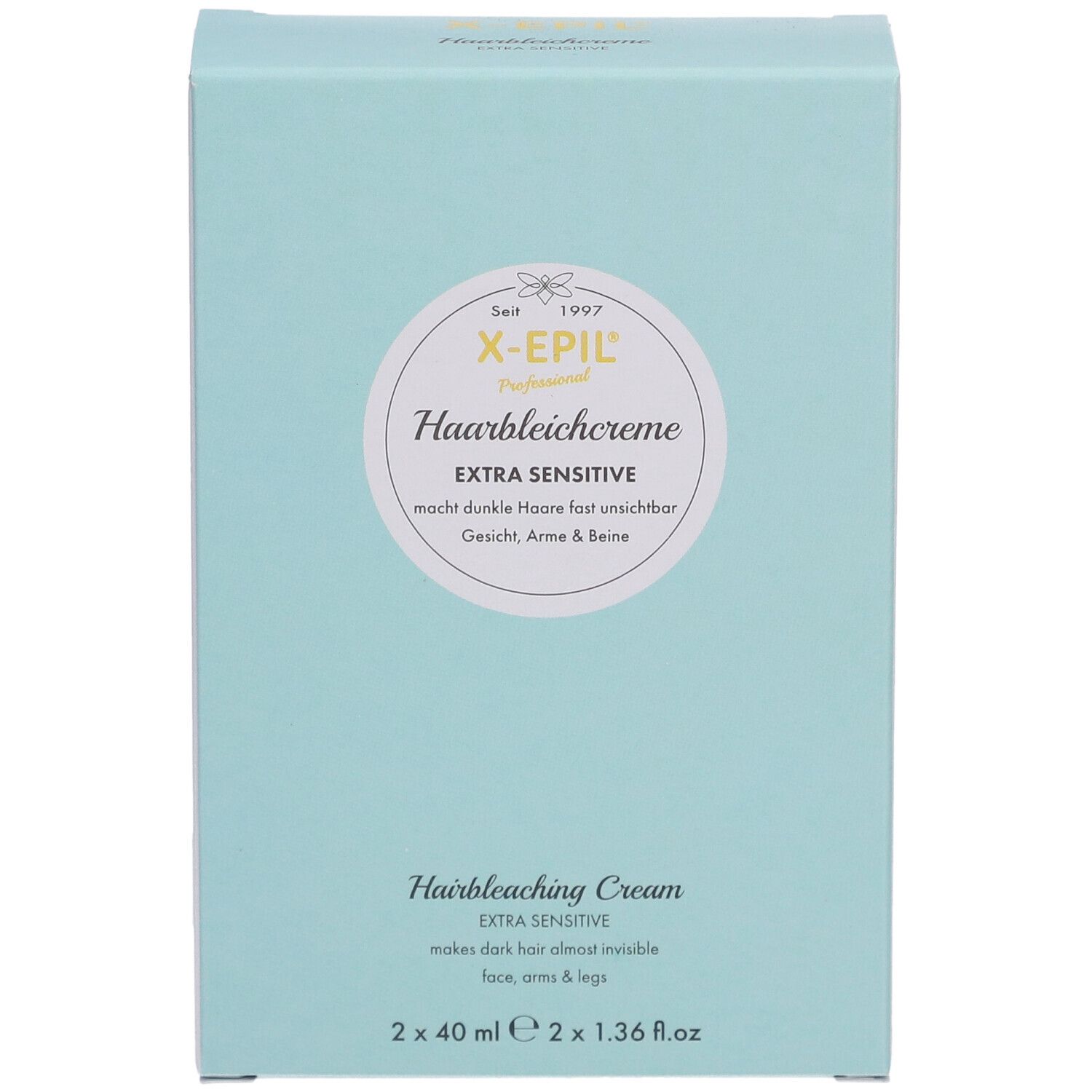 Boîte turquoise X-Epil Haarbleichcreme. Contient une illustration d'une femme. Texte : Extra Sensitive. Pour peaux sensibles.