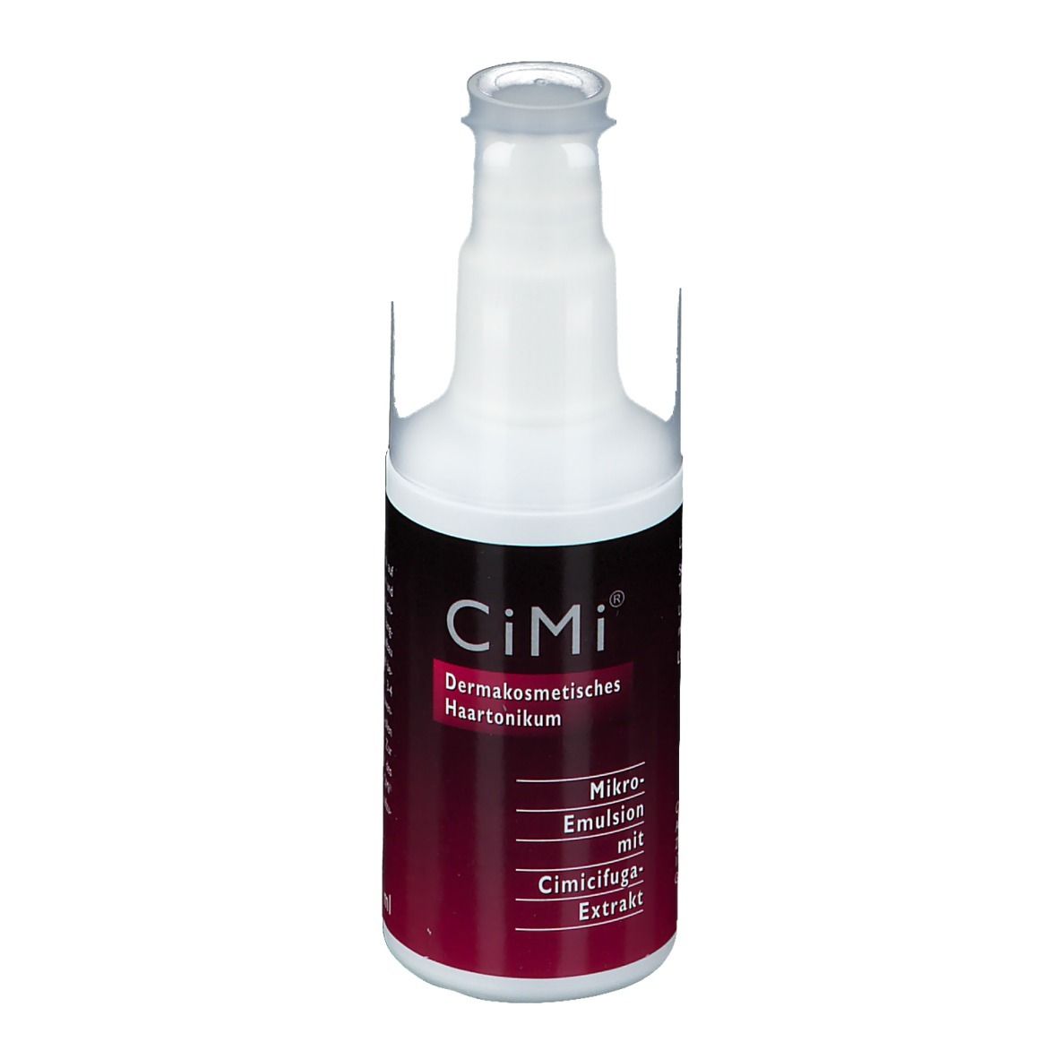 Flacon blanc avec étiquette rouge. Inscription : CiMi, Haartonique dermocosmétique, Micro-émulsion avec extrait de Cimicifuga.