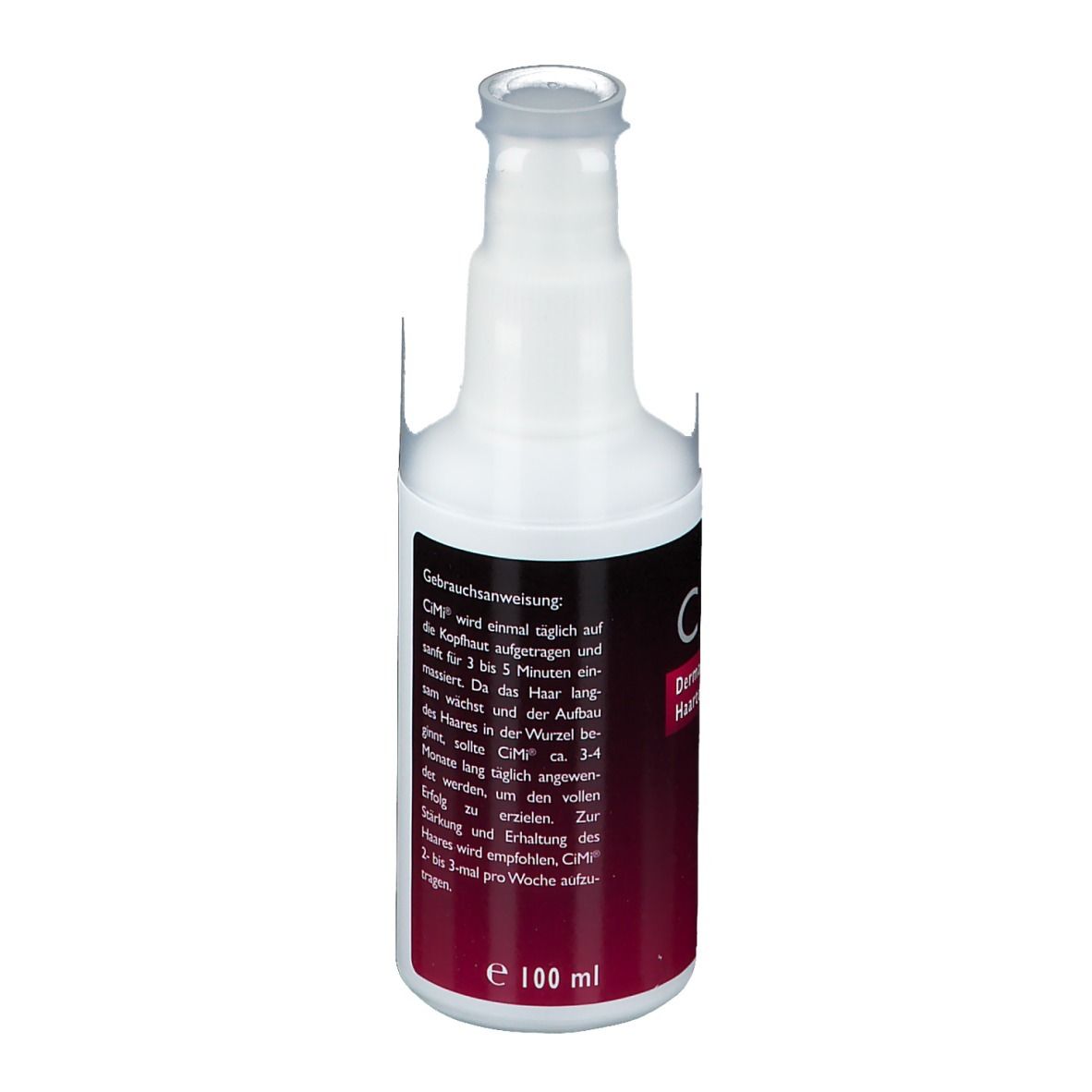 Flacon blanc avec étiquette rouge. Inscription : Mode d'emploi. Contient 100 ml. CiMi s'applique une fois par jour.