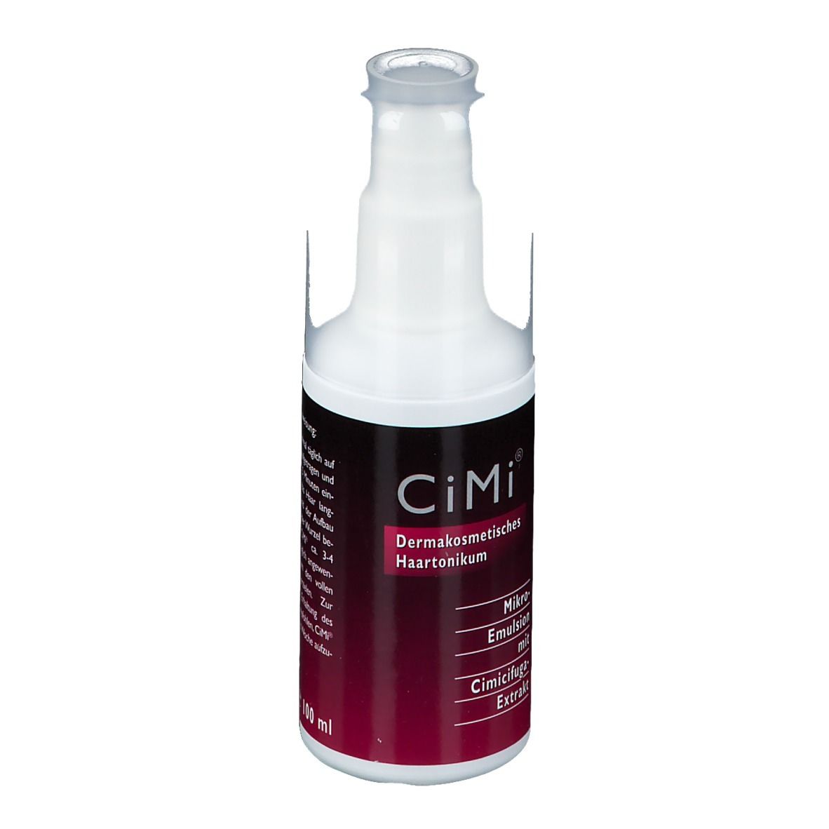 Flacon blanc avec étiquette rouge. Inscription : CiMi, Haartonique dermocosmétique, Micro-émulsion avec extrait de Cimicifuga. 100 ml.