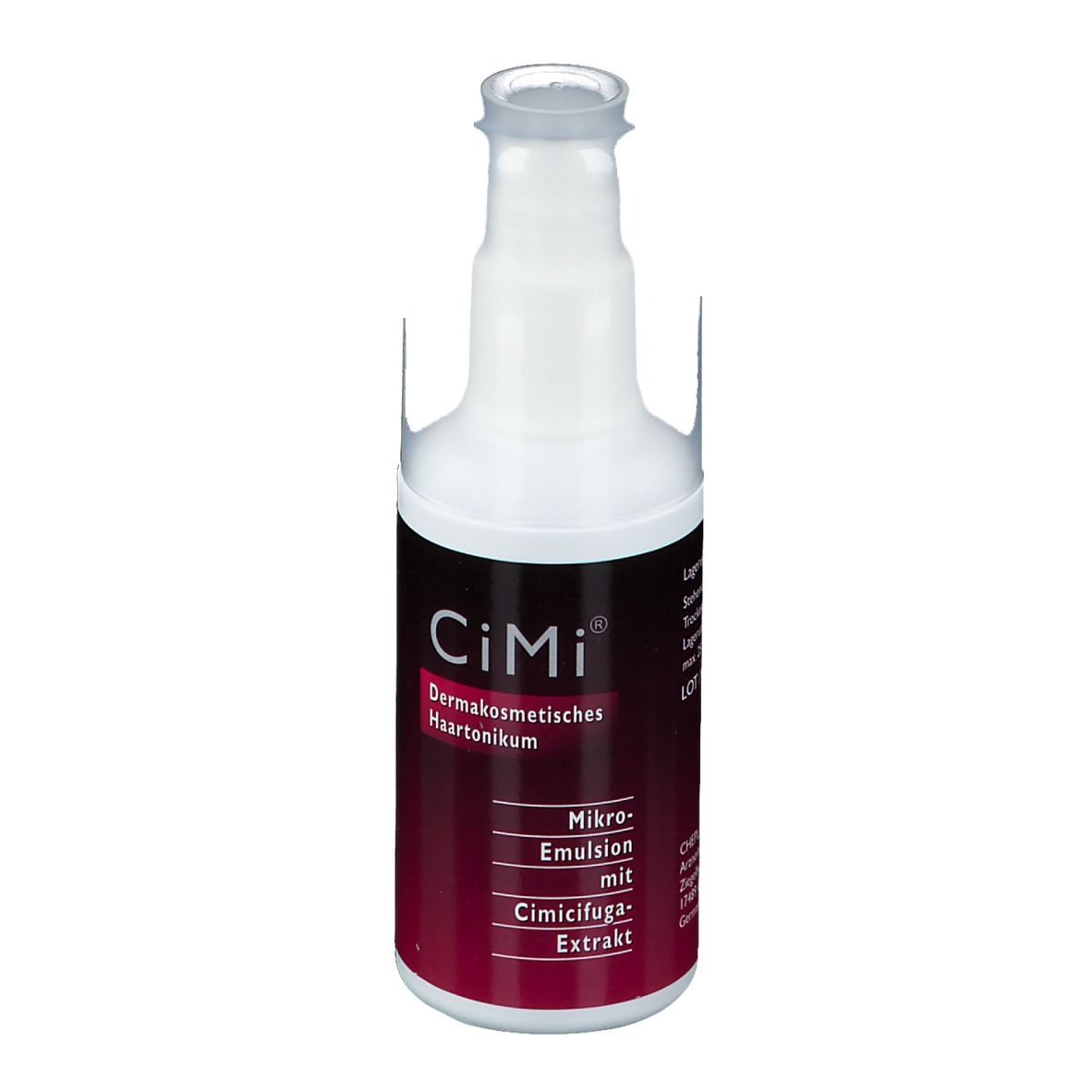 Flacon blanc avec étiquette rouge. Inscription : CiMi, Haartonique dermocosmétique, Micro-émulsion avec extrait de Cimicifuga.