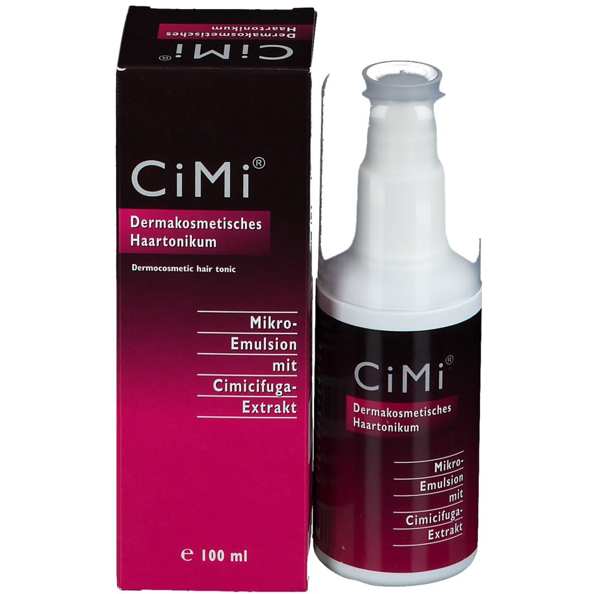 Emballage du produit : flacon et boîte. Inscription : CiMi, Haartonique dermocosmétique, Micro-émulsion avec extrait de Cimicifuga. 100 ml.
