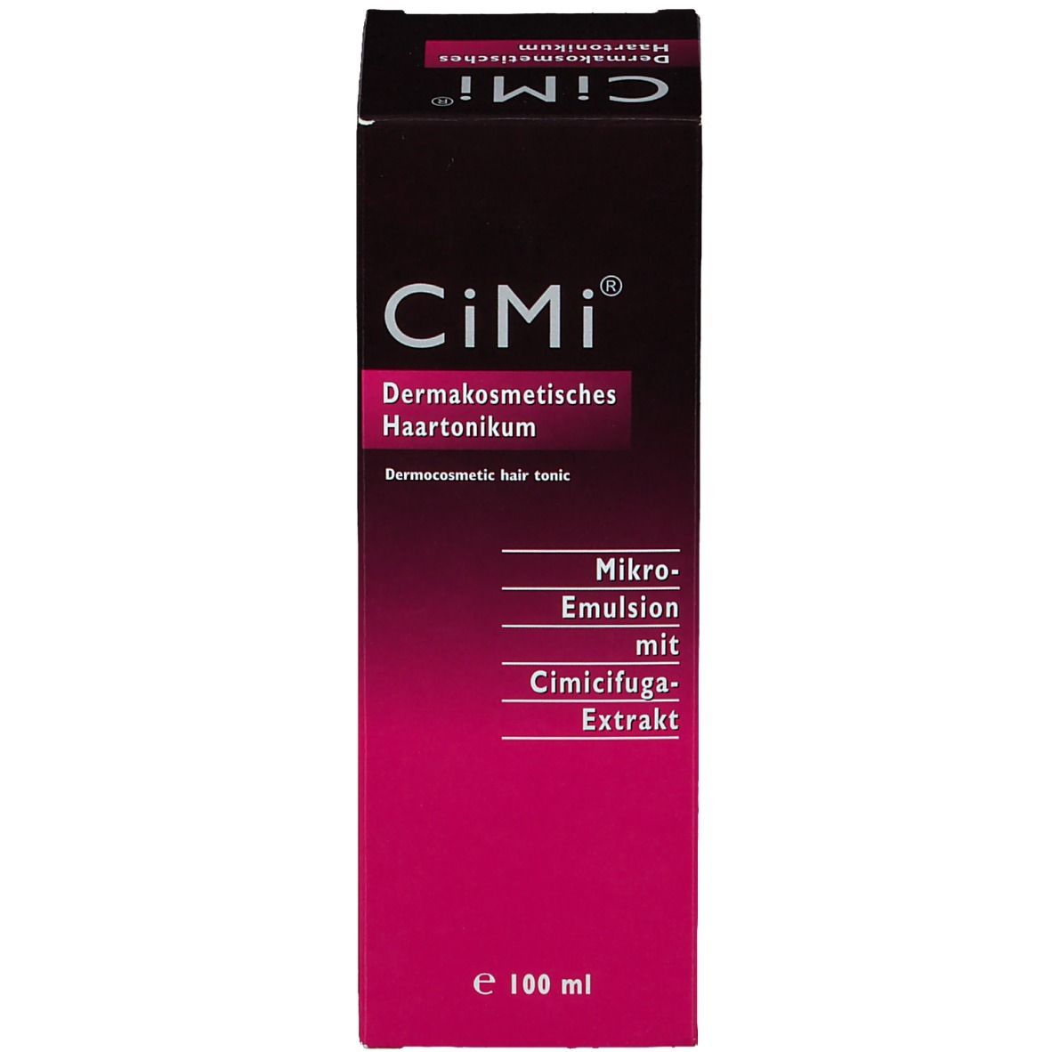 Emballage du produit : boîte. Inscription : CiMi, Haartonique dermocosmétique, Micro-émulsion avec extrait de Cimicifuga. 100 ml.