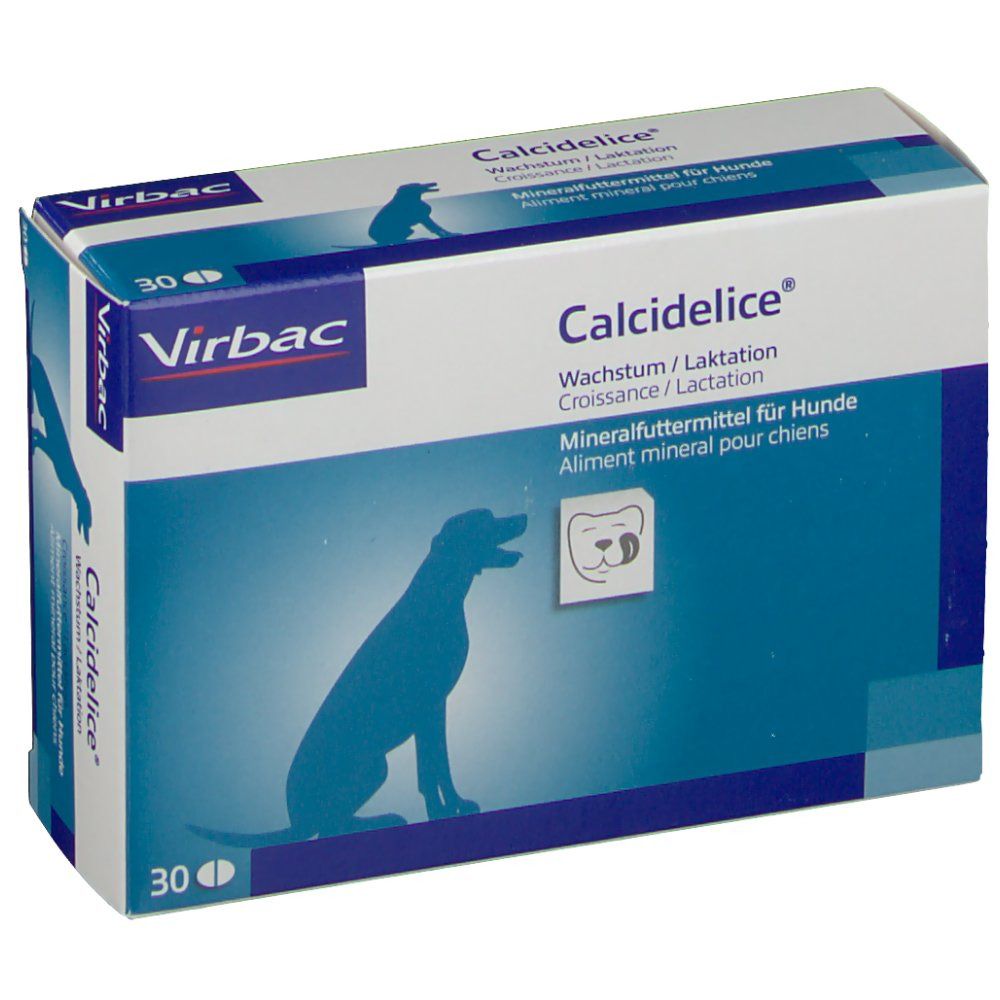 Boîte bleu et blanche avec logo "Calcidelice" et logo Virbac. Contient 30 comprimés. Image d'un chien.
