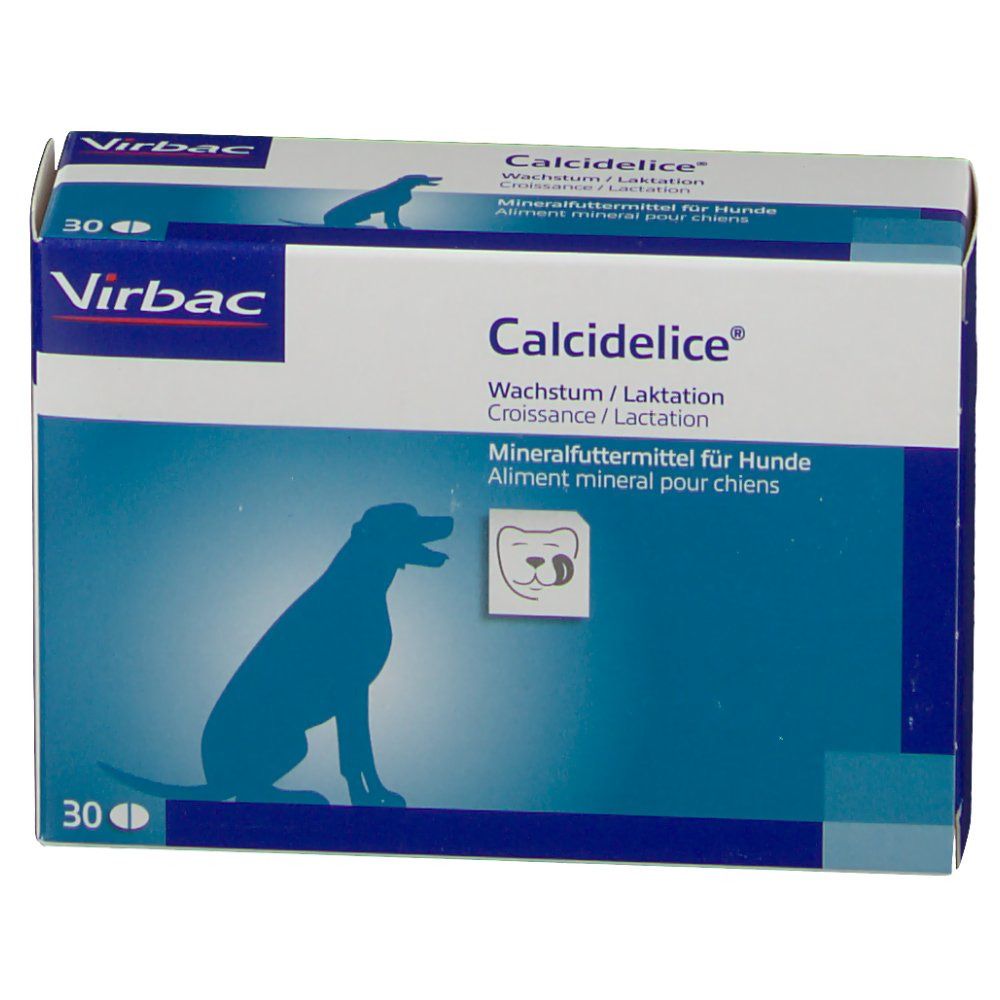 Boîte bleue et blanche avec logo "Calcidelice" et logo Virbac. Contient 30 comprimés. Image d'un chien.