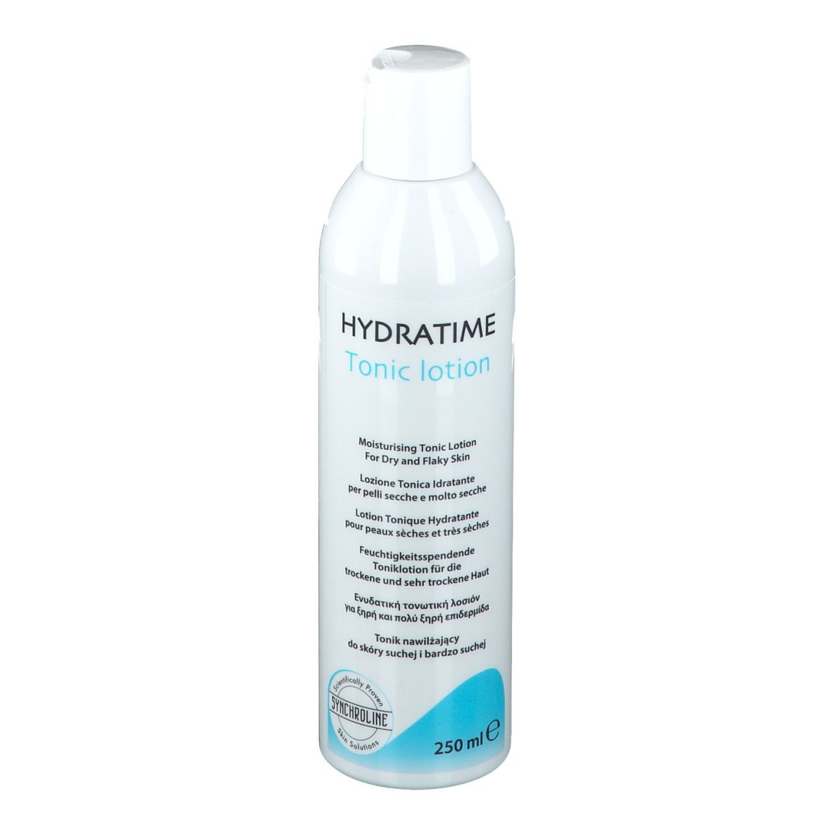 Flacon blanc avec bouchon blanc. Inscription HYDRATIME Tonic lotion. Pour peaux sèches. 250 ml.