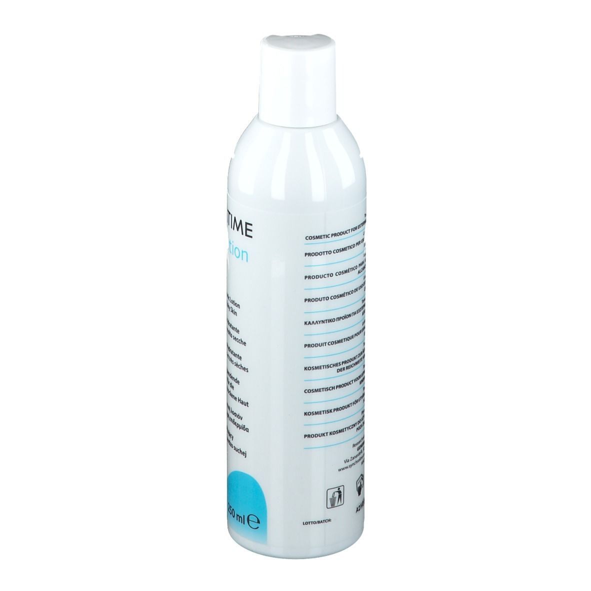 Flacon blanc avec bouchon blanc. Inscription HYDRATIME Tonic lotion. Verso avec texte multilingue.