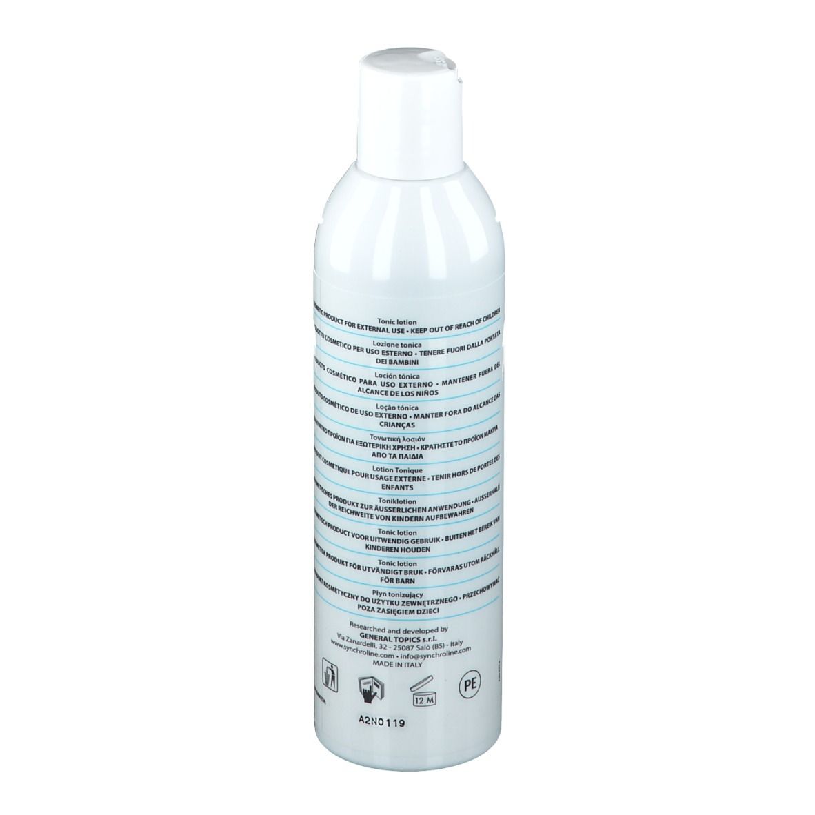 Flacon blanc avec bouchon blanc. Verso avec texte multilingue. Avertissements et informations fabricant.