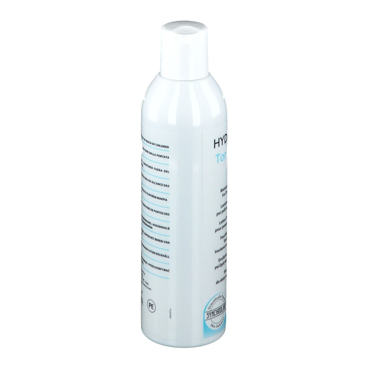 Flacon blanc avec bouchon blanc. Inscription HYDRATIME Tonic lotion. Verso avec texte multilingue.