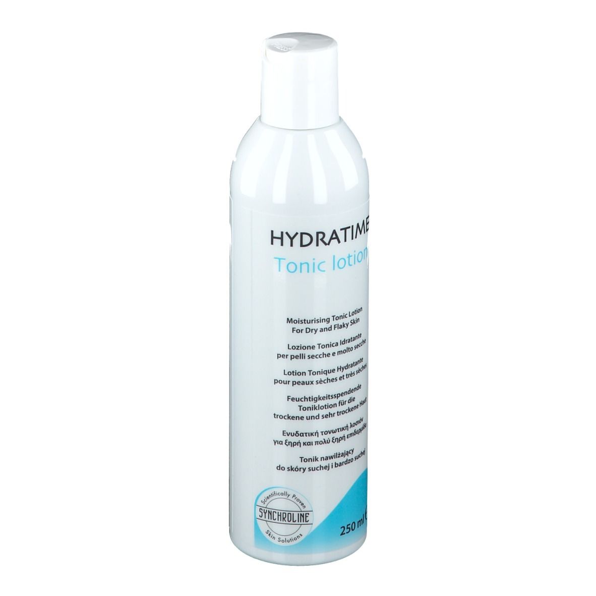 Flacon blanc avec bouchon blanc. Inscription HYDRATIME Tonic lotion. Pour peaux sèches. 250 ml.