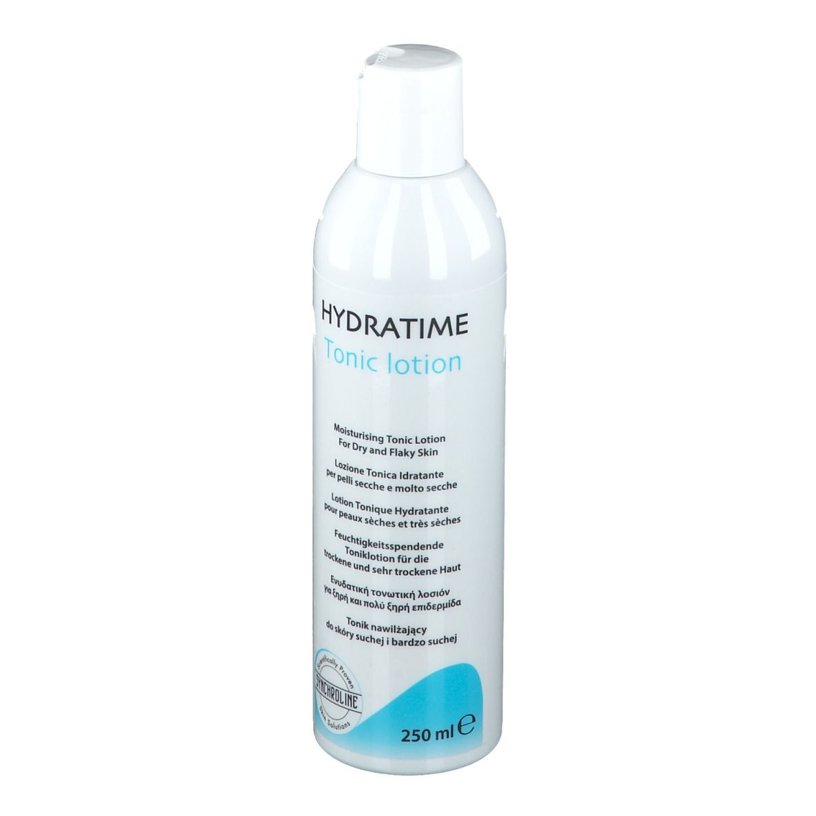 Flacon blanc avec bouchon blanc. Inscription HYDRATIME Tonic lotion. Pour peaux sèches. 250 ml.