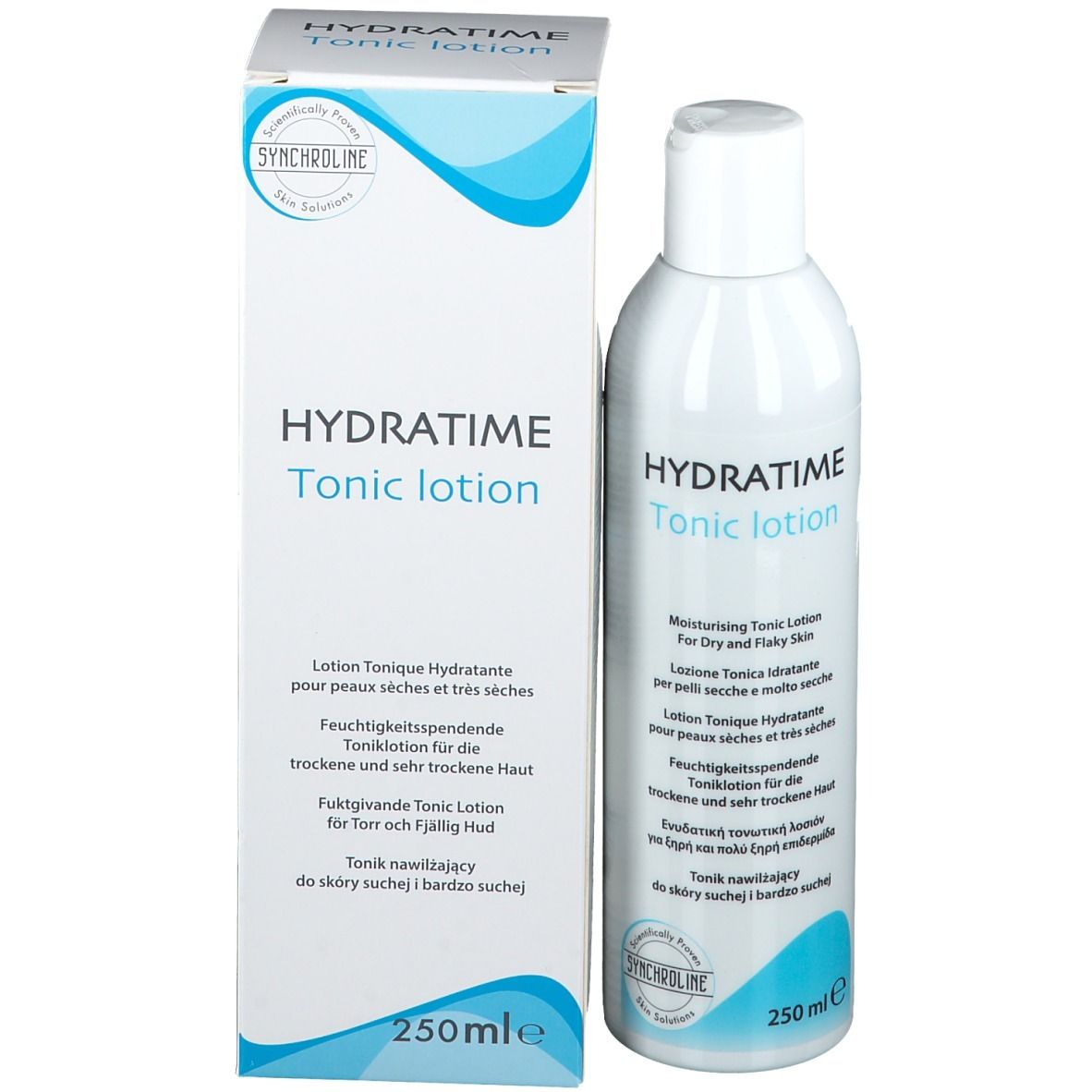 Flacon et emballage. Flacon : blanc, bouchon blanc. Emballage : blanc, bleu. Inscription HYDRATIME Tonic lotion. 250 ml.