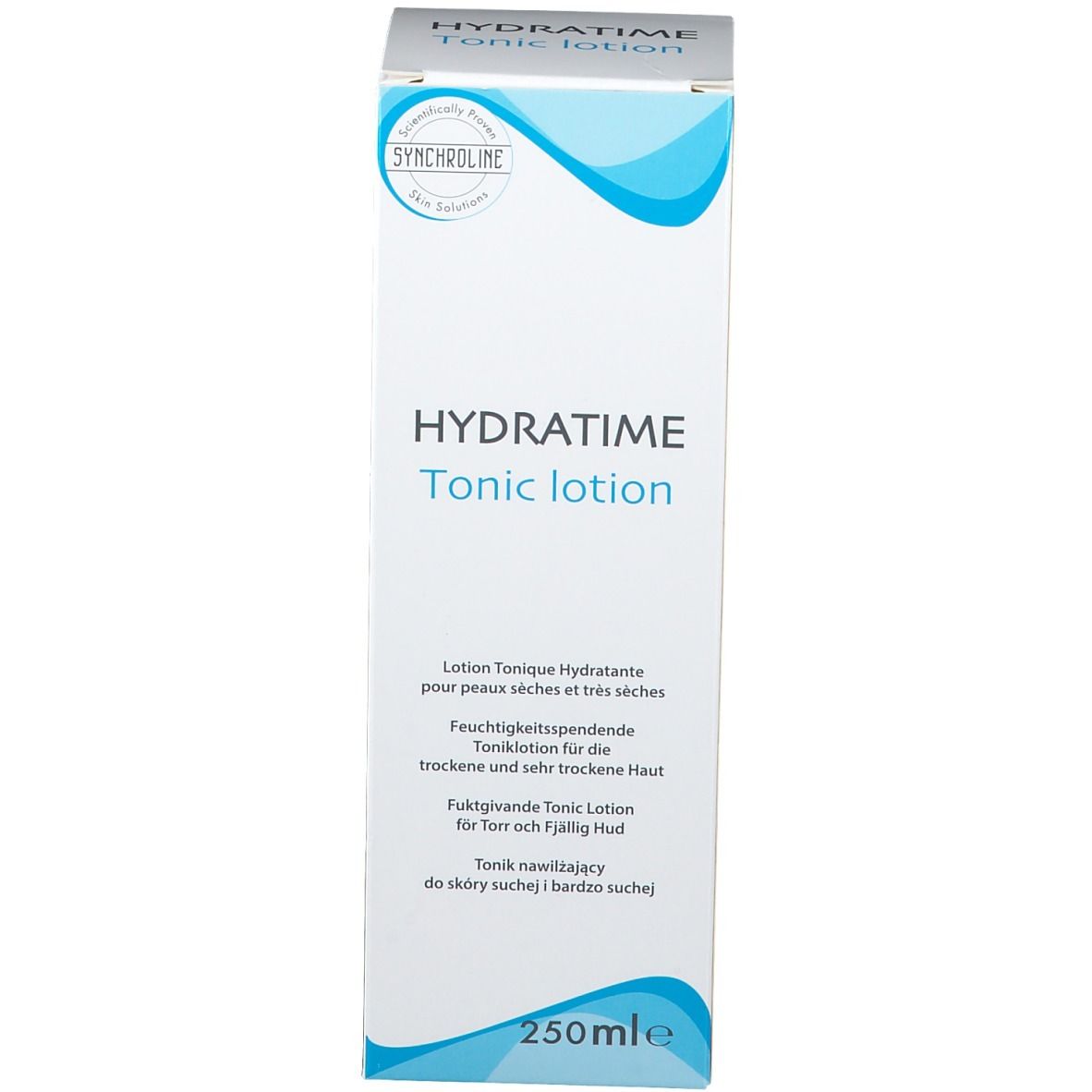Emballage. Blanc avec vagues bleues. Inscription HYDRATIME Tonic lotion. 250 ml.