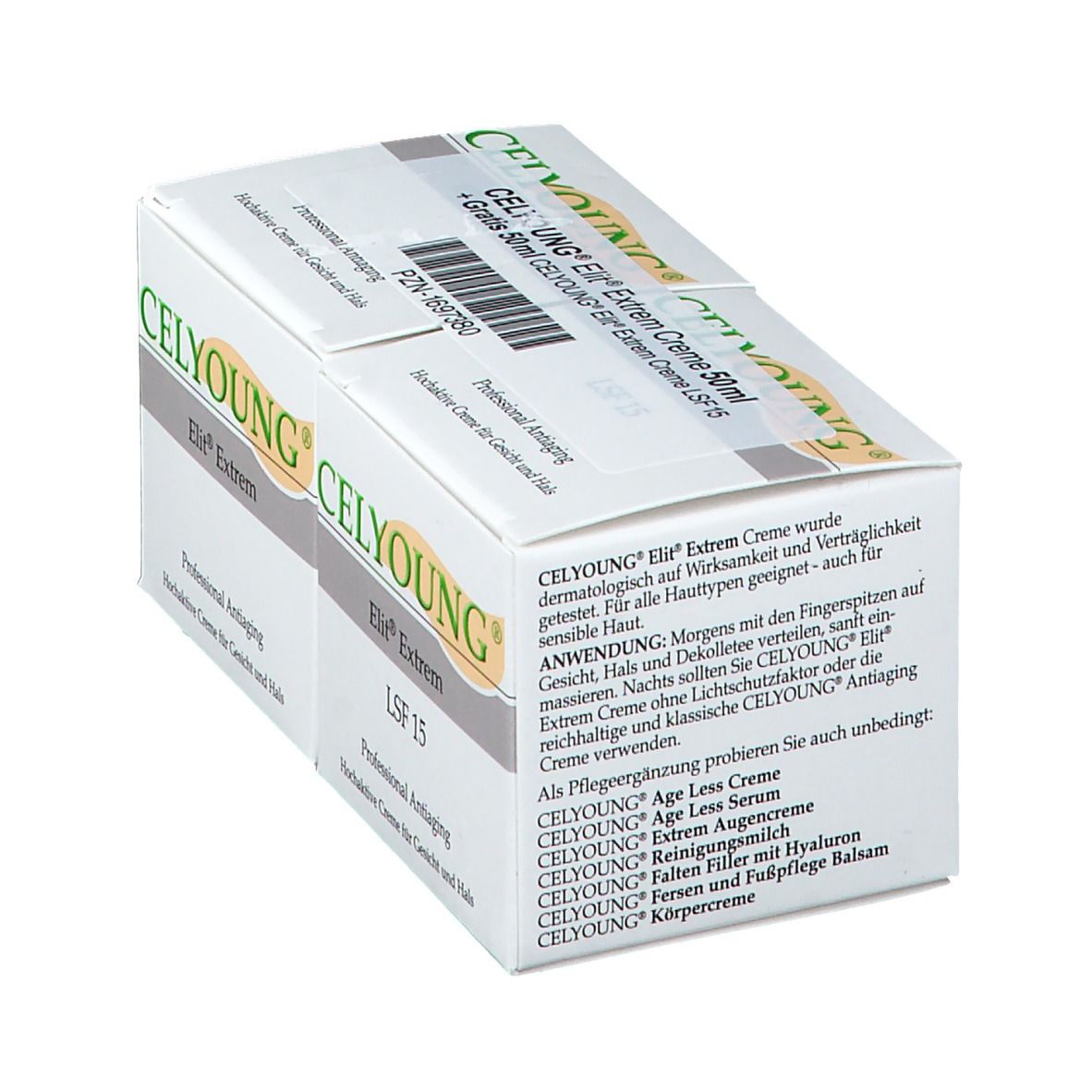 Deux boîtes blanches de CELYOUNG Elit Extrem Creme. Inscriptions : Elit Extrem, LSF 15, Professional Antiaging. Texte en allemand.