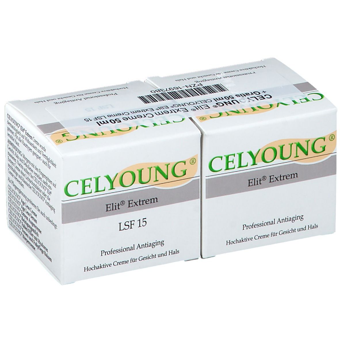 Deux boîtes blanches de CELYOUNG Elit Extrem Creme. Inscriptions : Elit Extrem, LSF 15, Professional Antiaging. Texte en allemand.