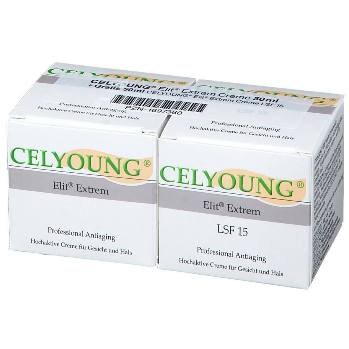Deux boîtes blanches de CELYOUNG Elit Extrem Creme. Inscriptions : Elit Extrem, LSF 15, Professional Antiaging. Texte en allemand.