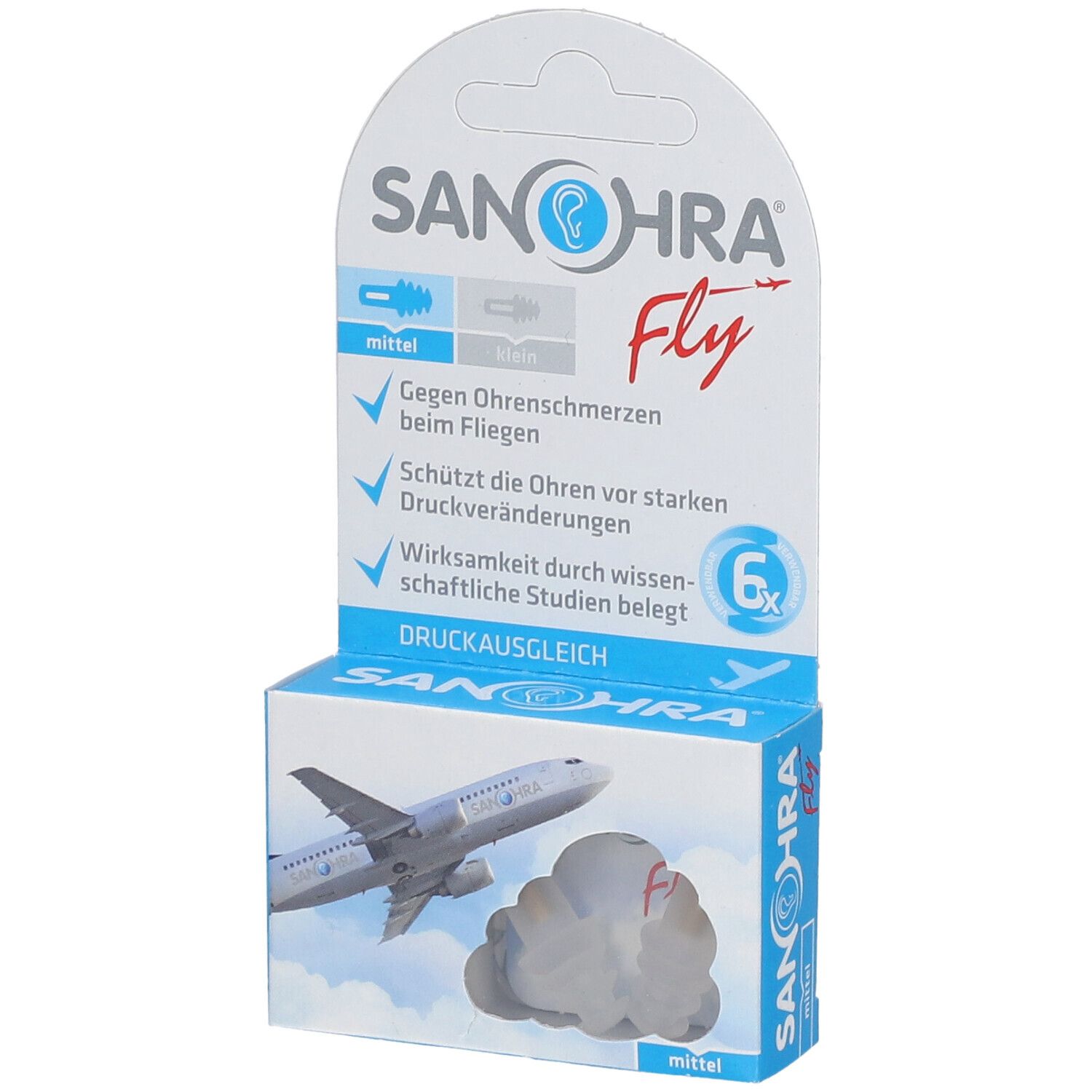 Emballage SANOHRA Fly. Boîte bleue avec logo et avion. 6 unités. Contre la douleur d'oreille en avion.