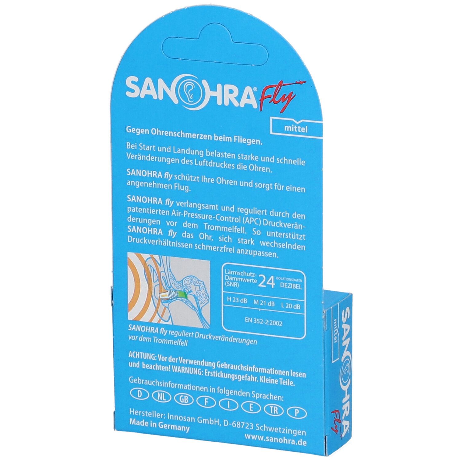 Dos de l'emballage SANOHRA Fly. Emballage bleu avec informations et illustrations. Fabriqué en Allemagne.