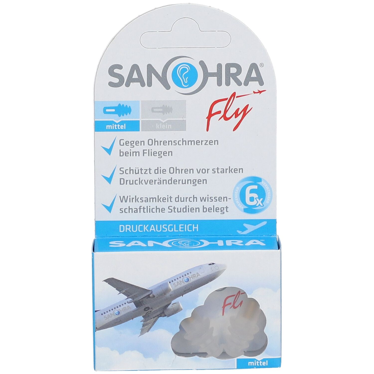 Emballage SANOHRA Fly. Boîte bleue avec logo et avion. 6 unités. Contre la douleur d'oreille en avion.