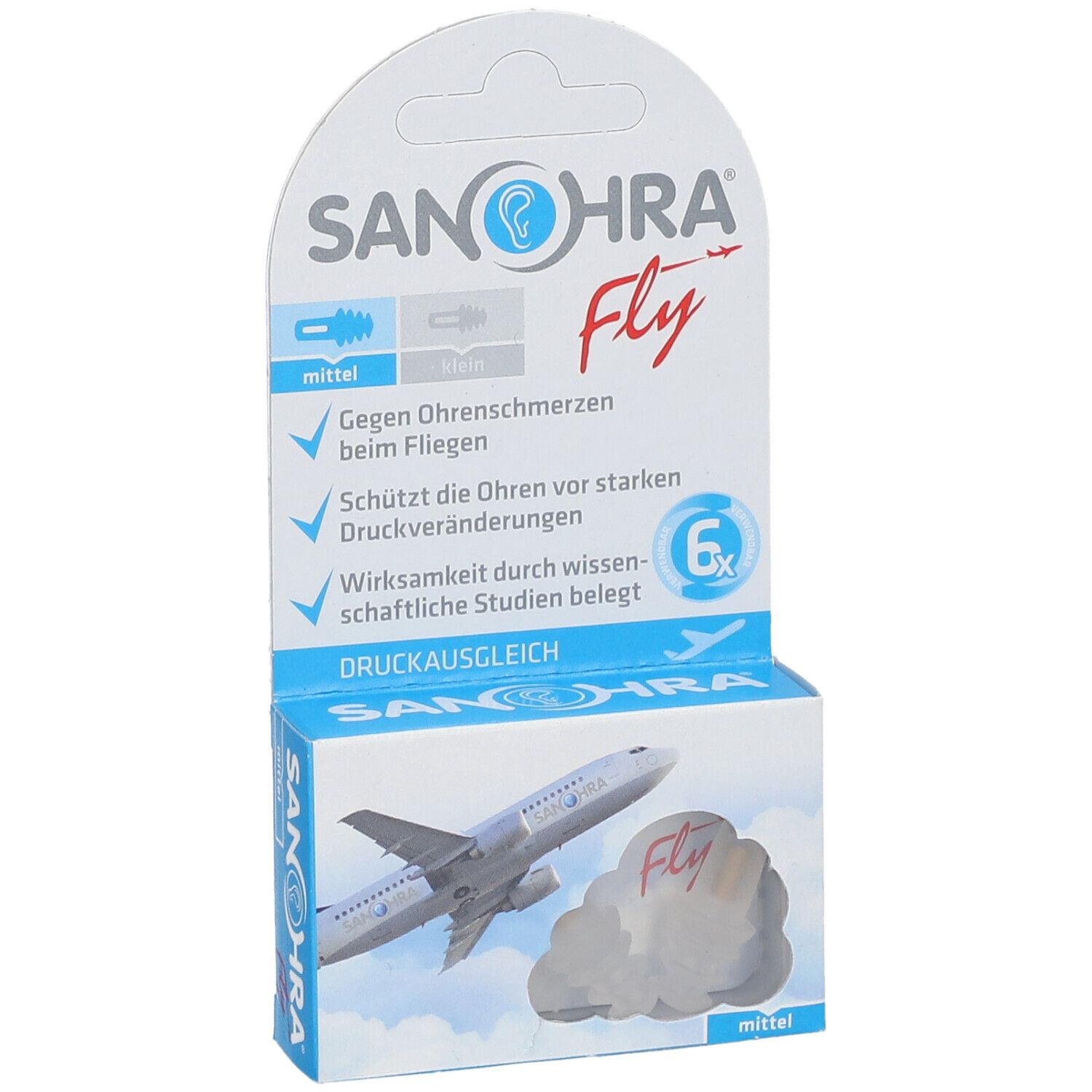 Emballage SANOHRA Fly. Boîte bleue avec logo et avion. 6 unités. Contre la douleur d'oreille en avion.