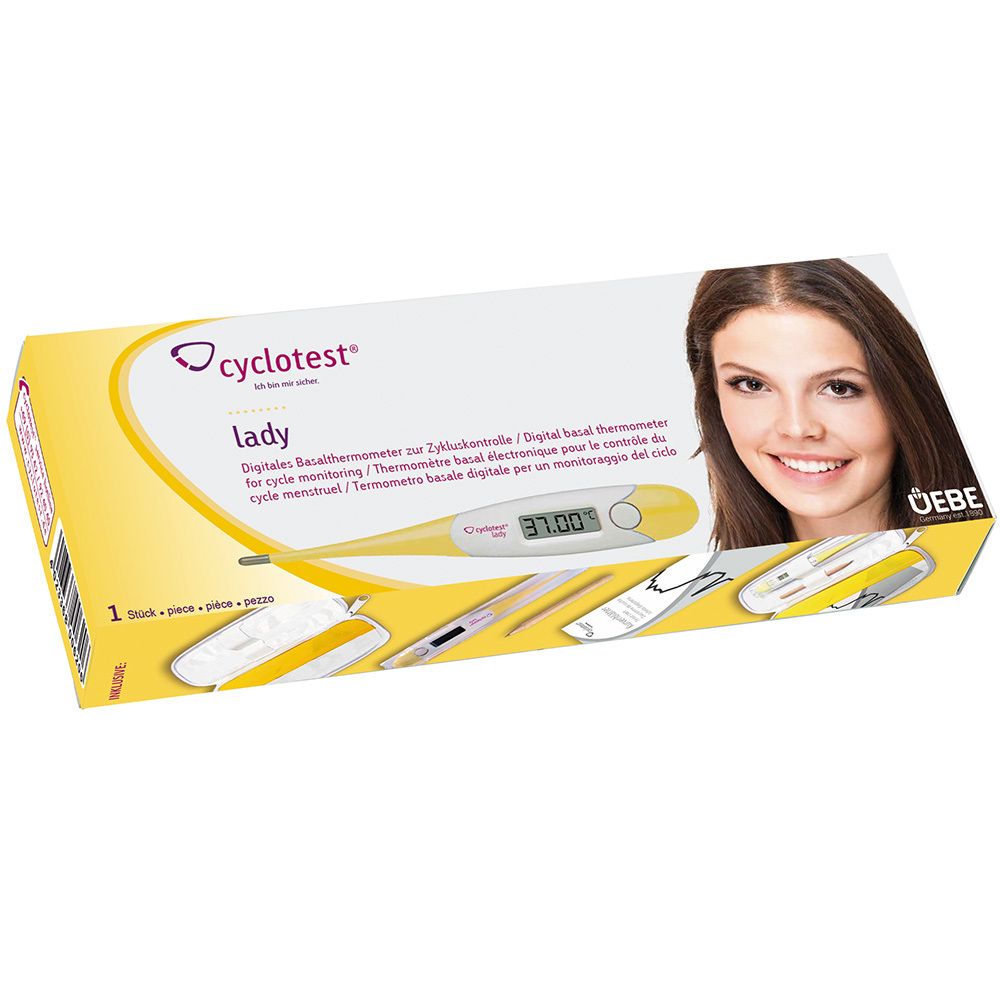 Emballage de cyclotest® Lady. Thermomètre basal digital, femme souriante, texte et logo.
