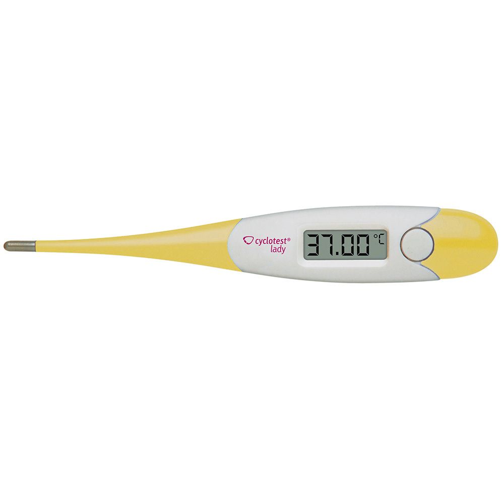 Thermomètre basal digital, jaune et blanc. Affichage 37.00°C. Bouton. Logo cyclotest® Lady.