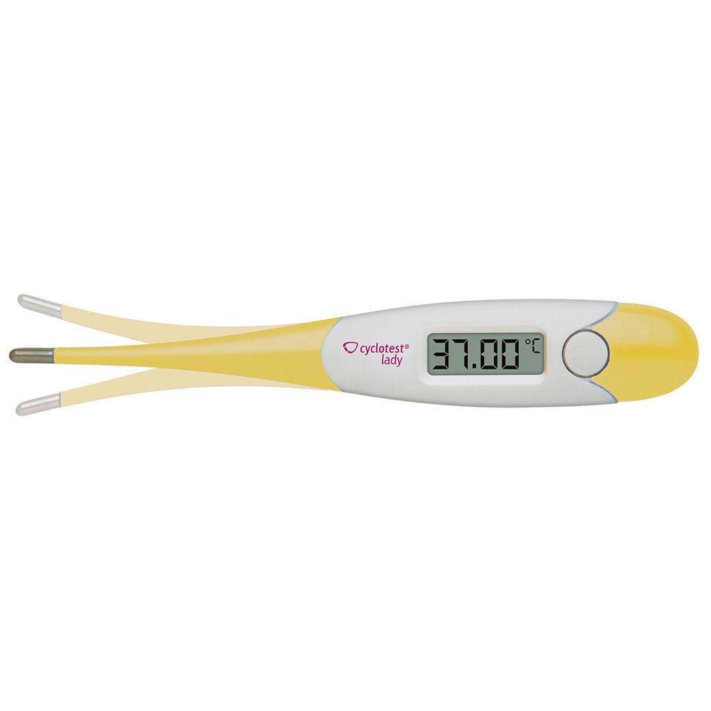 Thermomètre basal digital, jaune et blanc. Pointe à deux extrémités. Affichage 37.00°C.