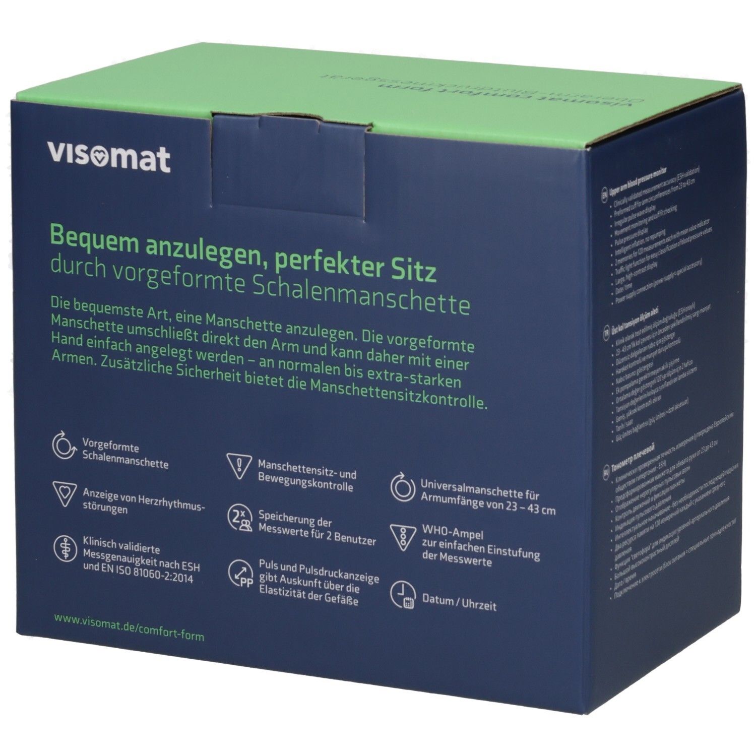Emballage du tensiomètre. Vue latérale avec texte. Texte: visomat comfort form. Caractéristiques en anglais.
