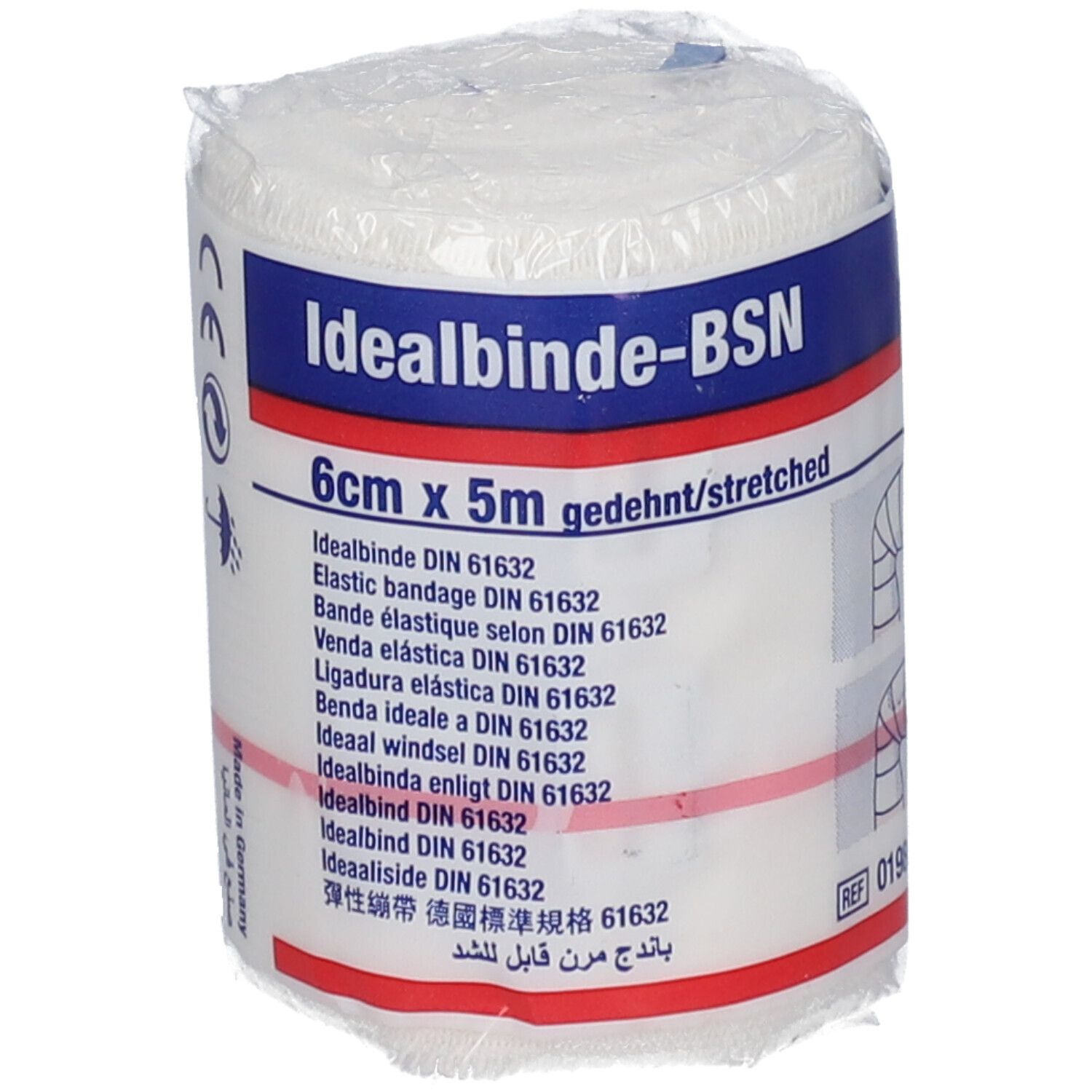 Bande élastique de 6 cm x 5 m, emballée. Inscription : Idealbinde-BSN.