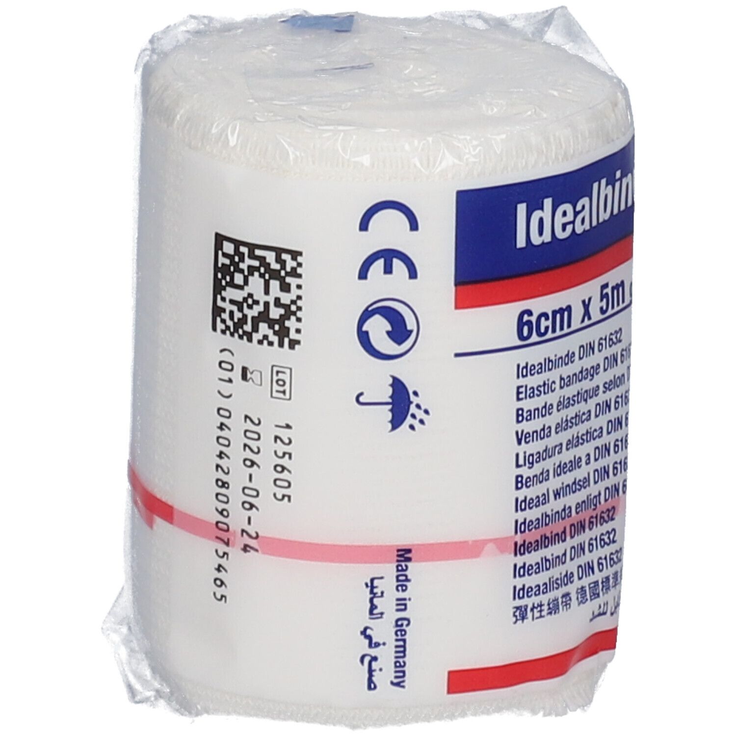 Bande élastique 6 cm x 5 m, emballée. Avec marquage CE et indication de production.