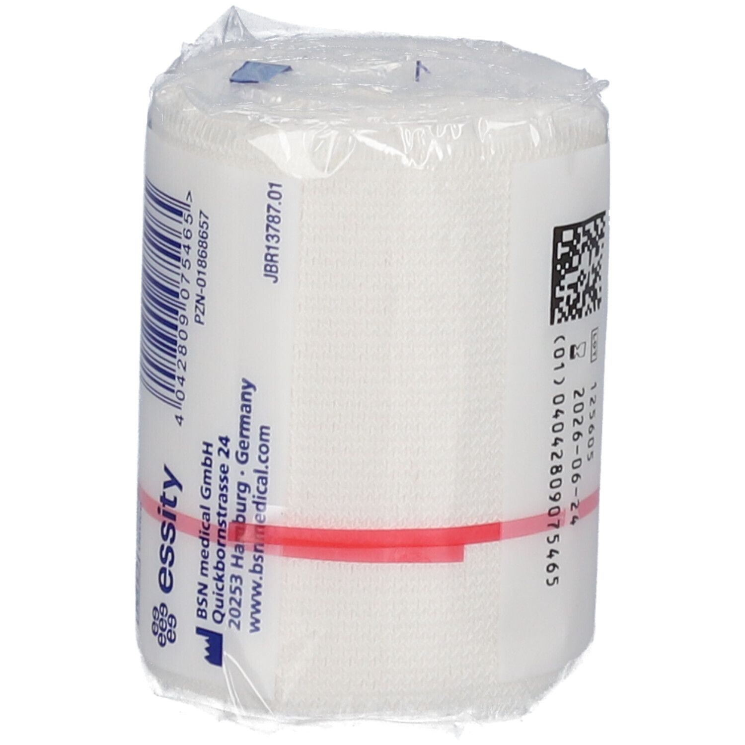 Bande élastique emballée. Fabricant : BSN medical GmbH. Avec code-barres et numéro de lot.