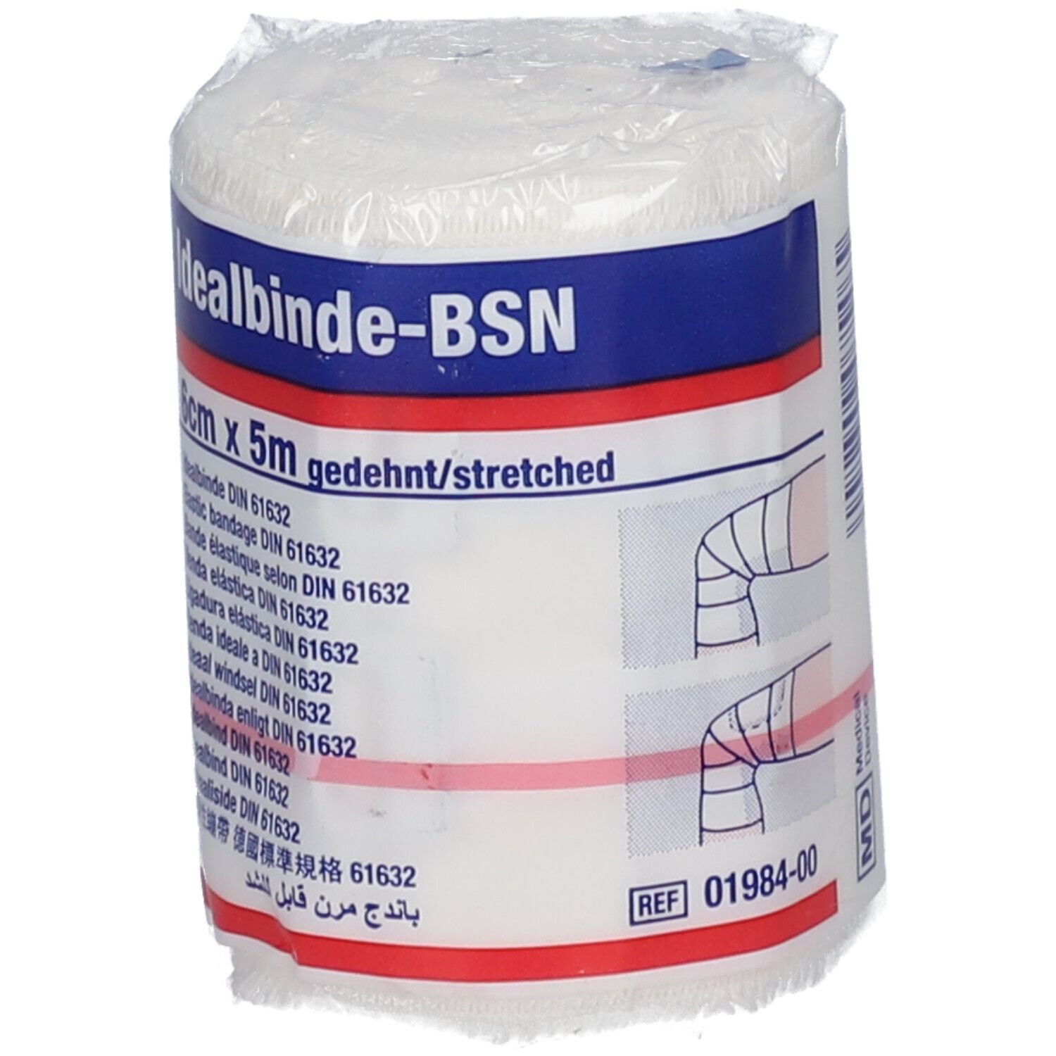 Bande élastique de 6 cm x 5 m, emballée. Inscription : Idealbinde-BSN.