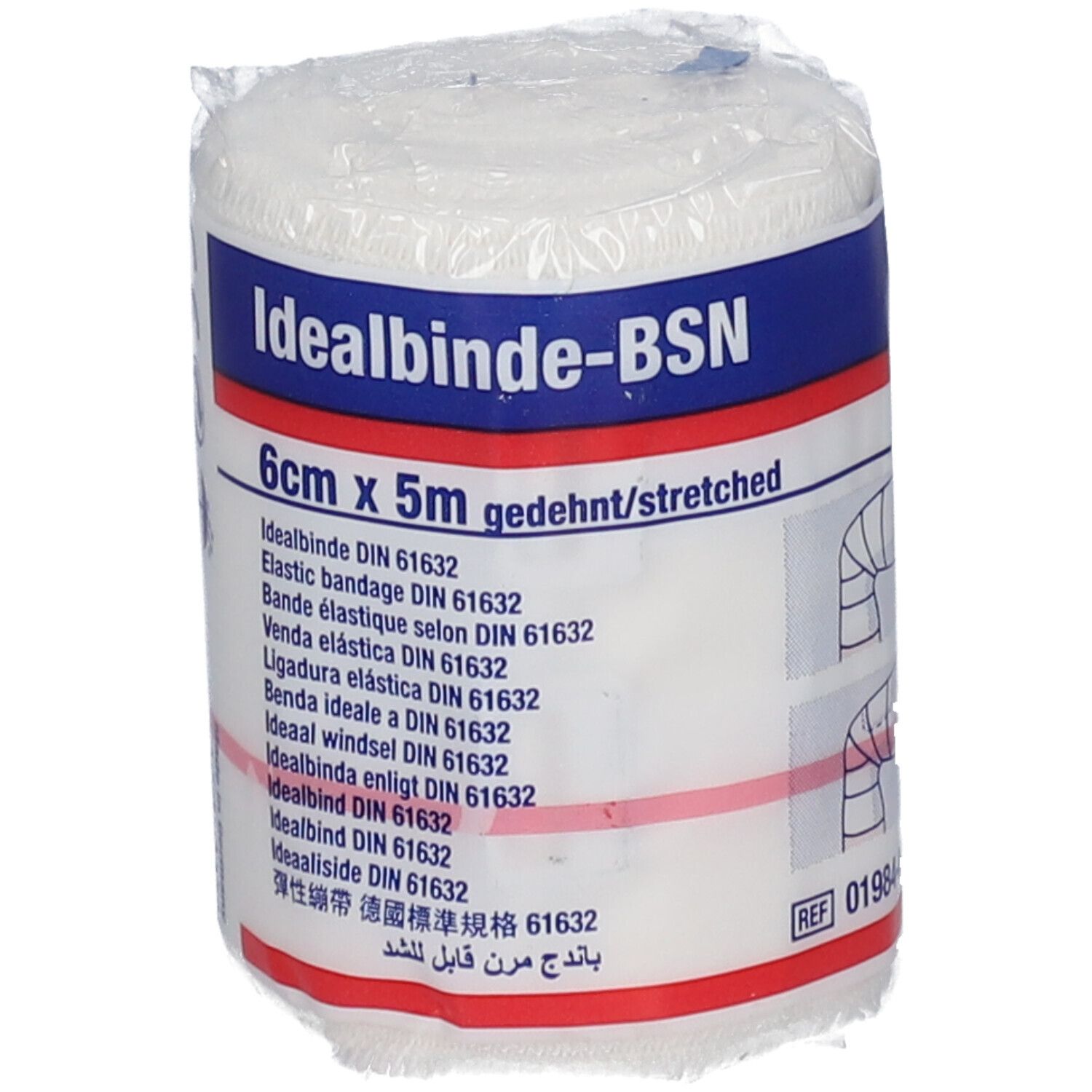 Bande élastique de 6 cm x 5 m, emballée. Inscription : Idealbinde-BSN.